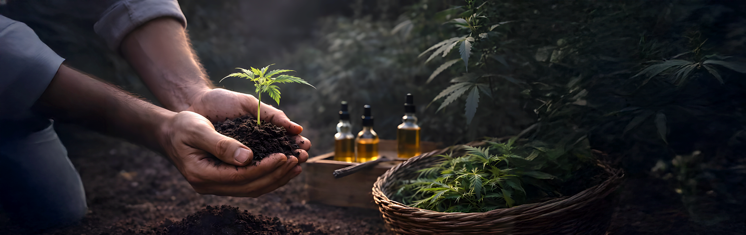 En person planter en frøplante af cannabis i jorden, med små flasker med olie i baggrunden og flere cannabisplanter i en kurv og i baggrunden.