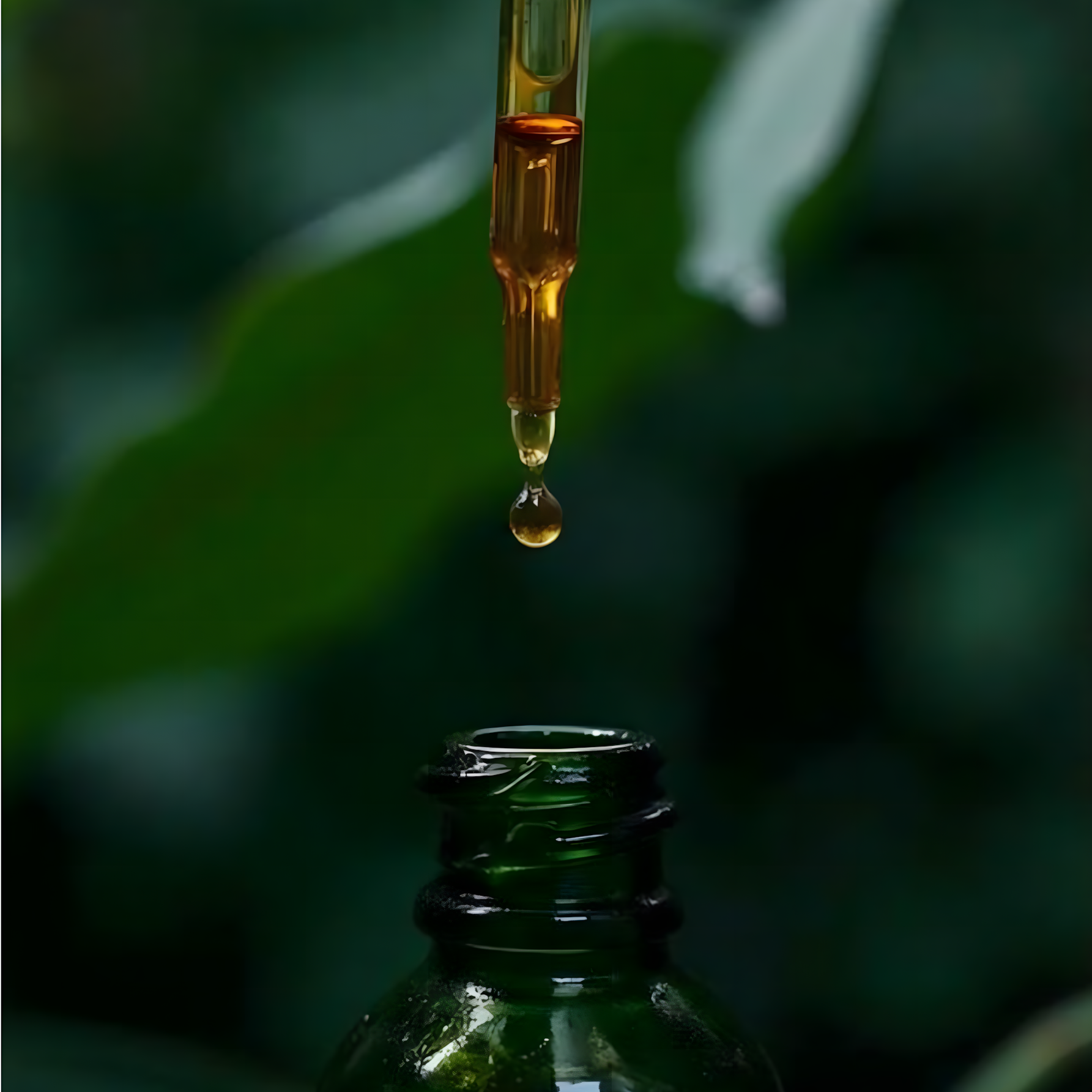 Et nærbillede af en dryp fra en pipette over en grøn glasflaske, med en mørk baggrund og grønne blade i baggrunden.