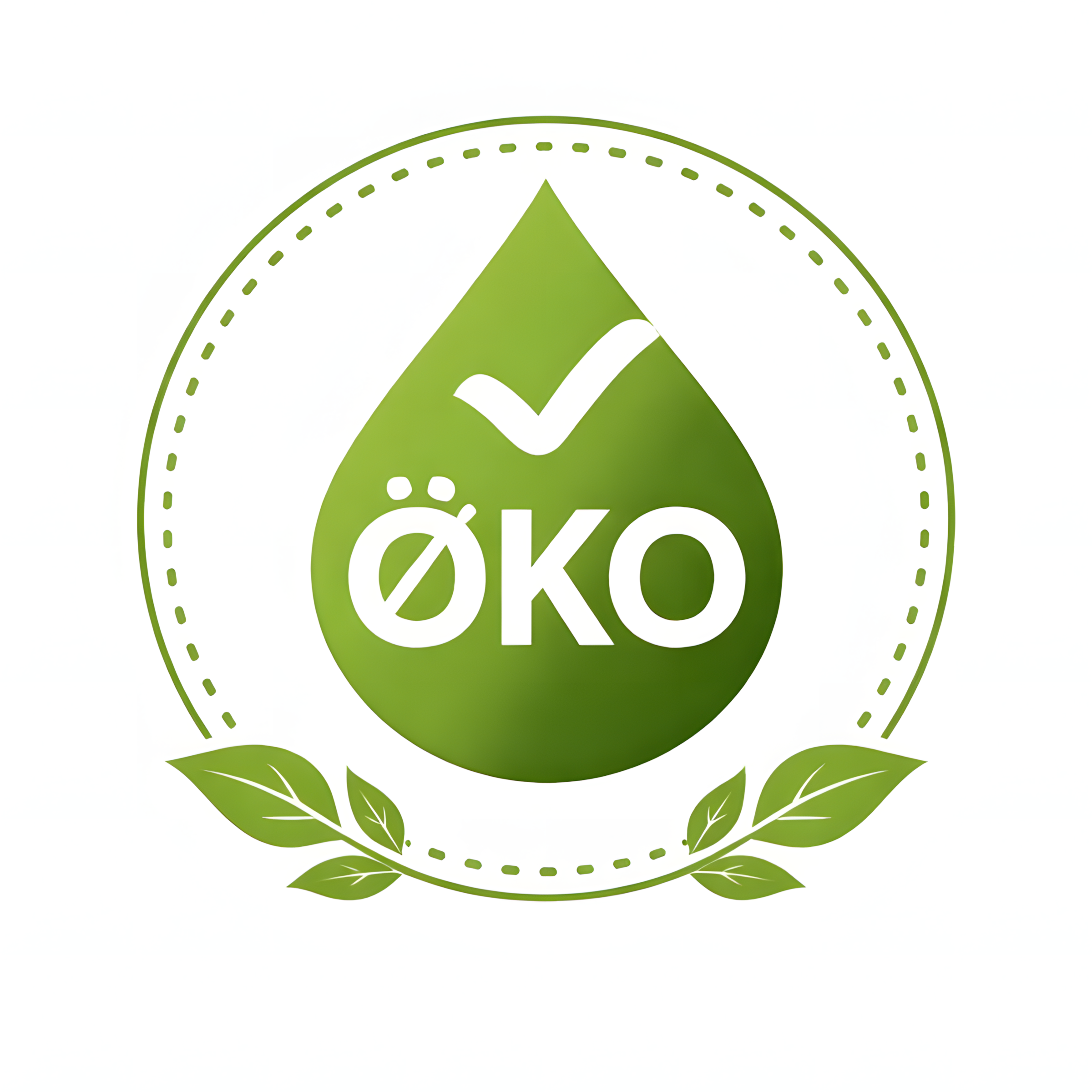 Logo med en grøn dråbe med teksten øko og en hvid checkmark, omgivet af grønne blade og en stiplet cirkel