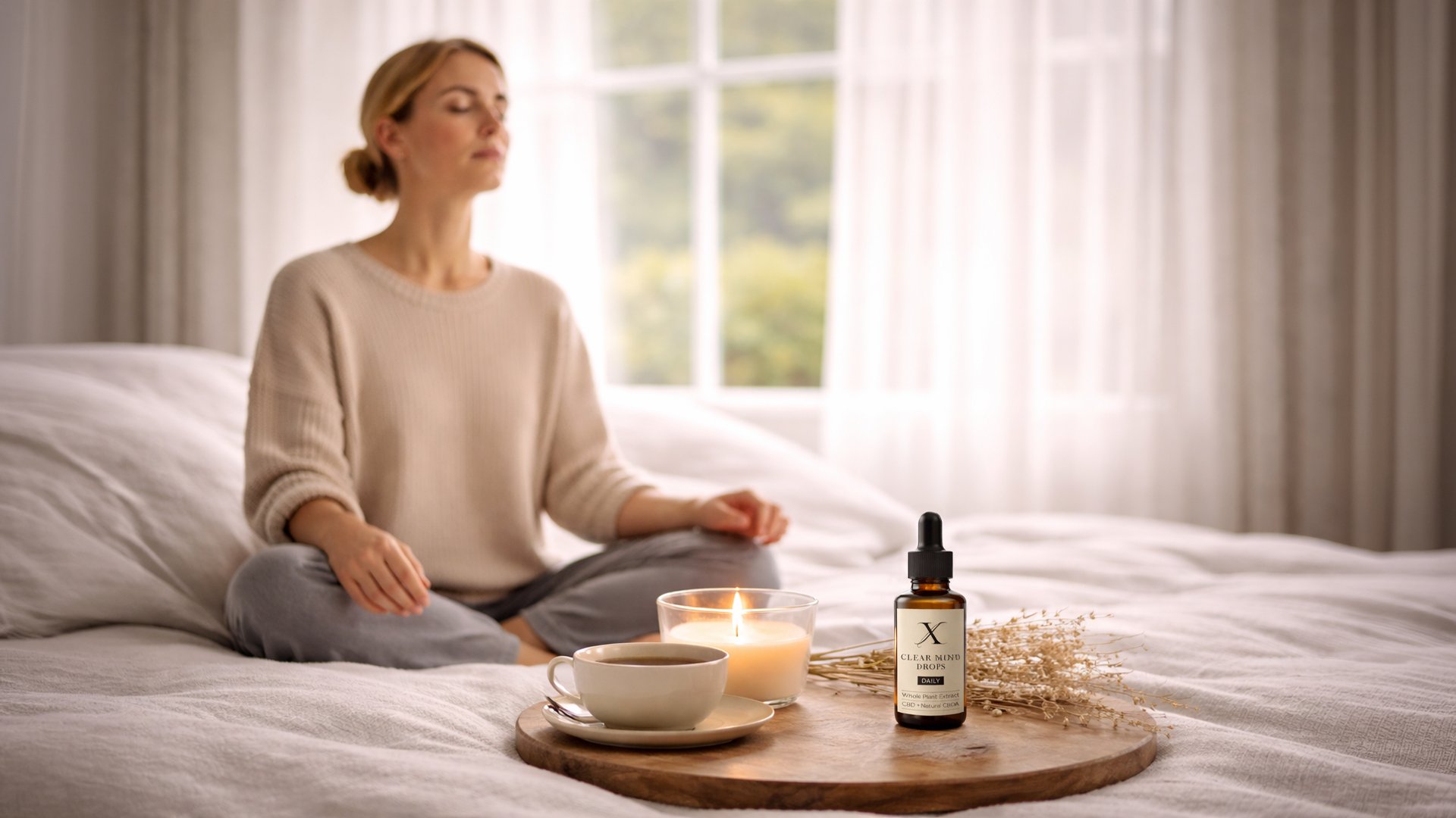 Kvinde med lukkede øjne sidder krydset i en seng med lukkede øjne, foran et træbord med en kop te, et stearinlys, en flaske med essentielle olier og tørrede blomster i en lys stue med store vinduer og let gardin.