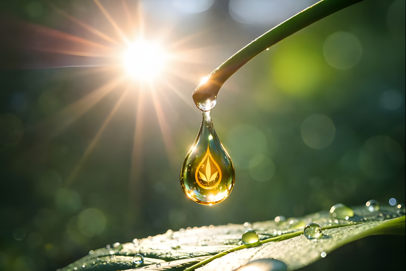 En dråbe vand hænger fra et blad med sollys i baggrunden, der skinner gennem dråben.