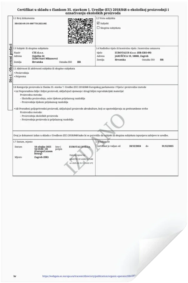 Et officiel EU-sertifikat for økologisk produkt med QR-kode, detaljer om producenten, produktkategori, certificeringsdato, sted og underskrift, udstedt i Zagreb den 18. august 2025.