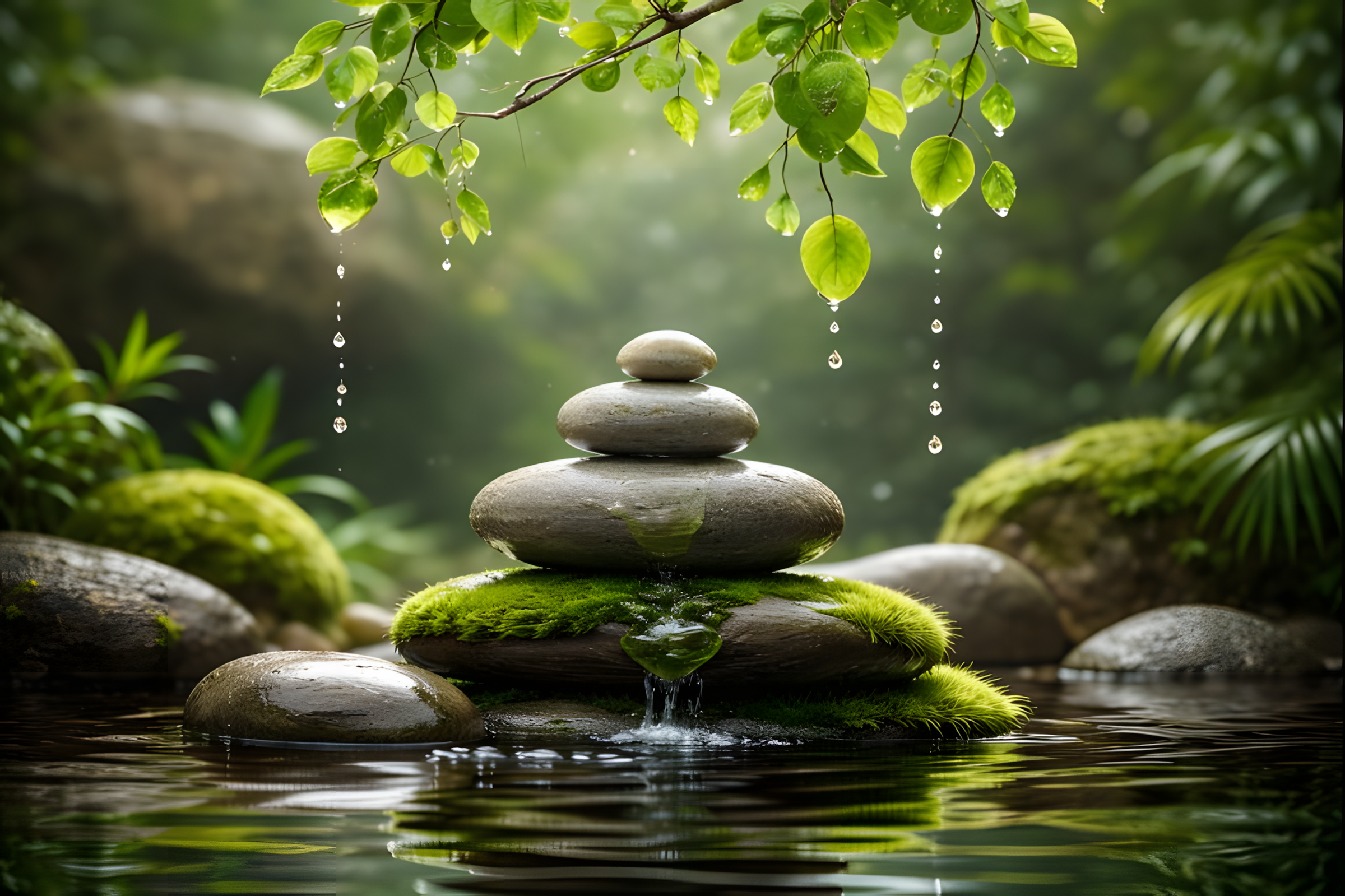 Billede af en zen-have med en ophobet sten, der er stablet i en pyramid, omgivet af grøn mos, blade og vanddråber, der falder fra trægrene.
