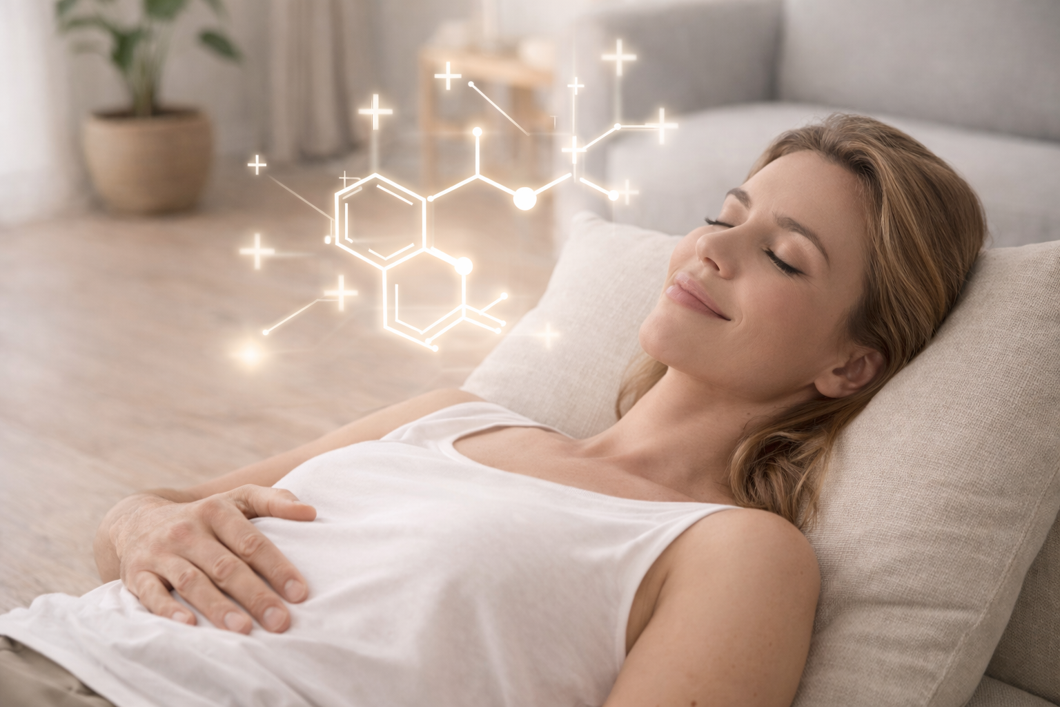 En afslappet kvinde ligger på en sofa med lukkede øjne. Der er en digital kemisk strukturillustration over hendes bryst.