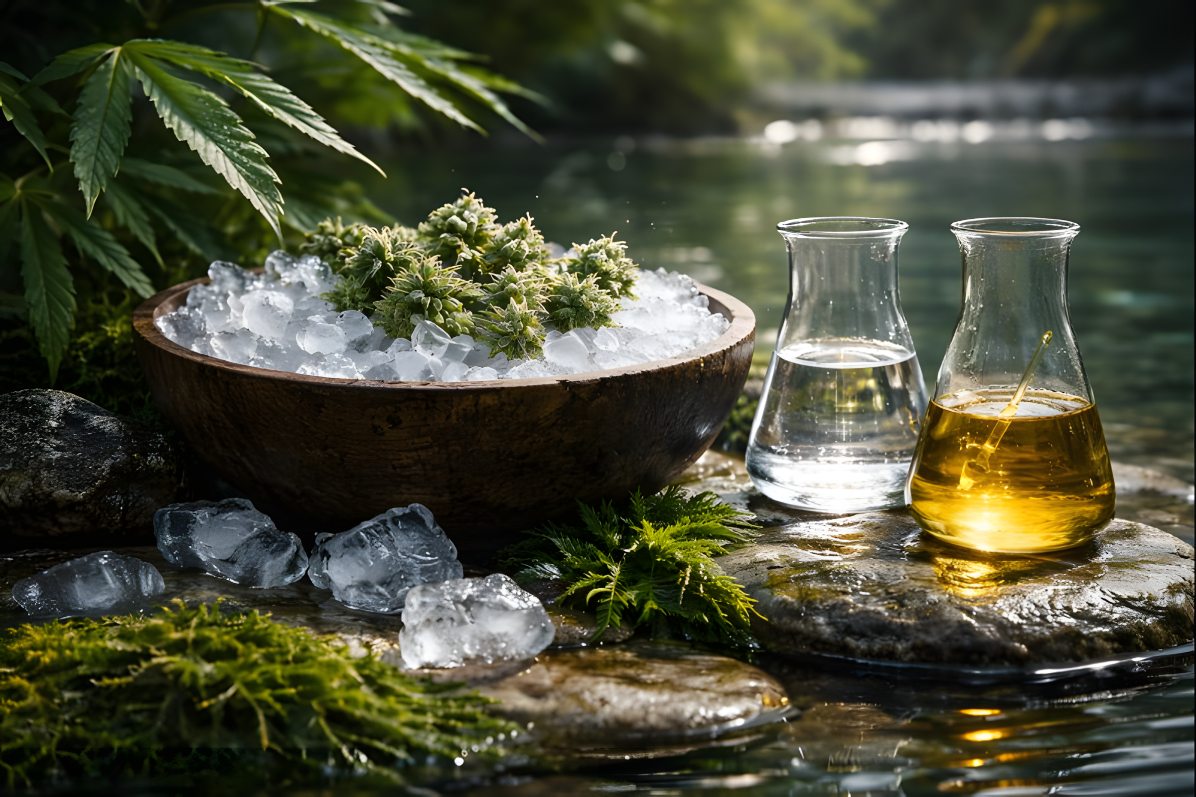 Nærbillede af en naturelandskab med grønne planter, is-terninger i en træskål, to glas med klar væske og et glas med en gylden væske placeret på en sten ved vandet.