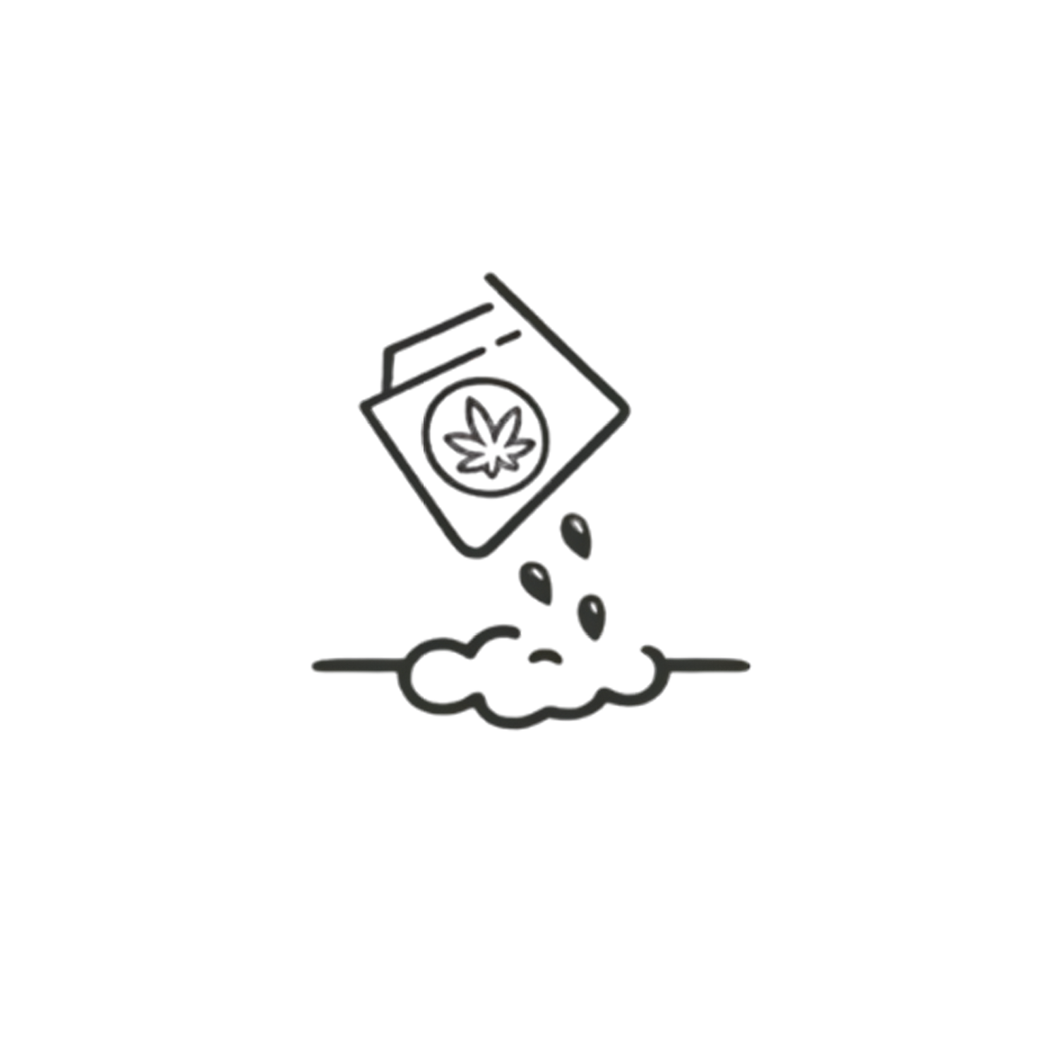 En grafisk illustration af en hånd, der holder en skænkende voksenbeholder med en cannabis-plante på etiketten, og der falder nogle dråber ud fra beholderen.