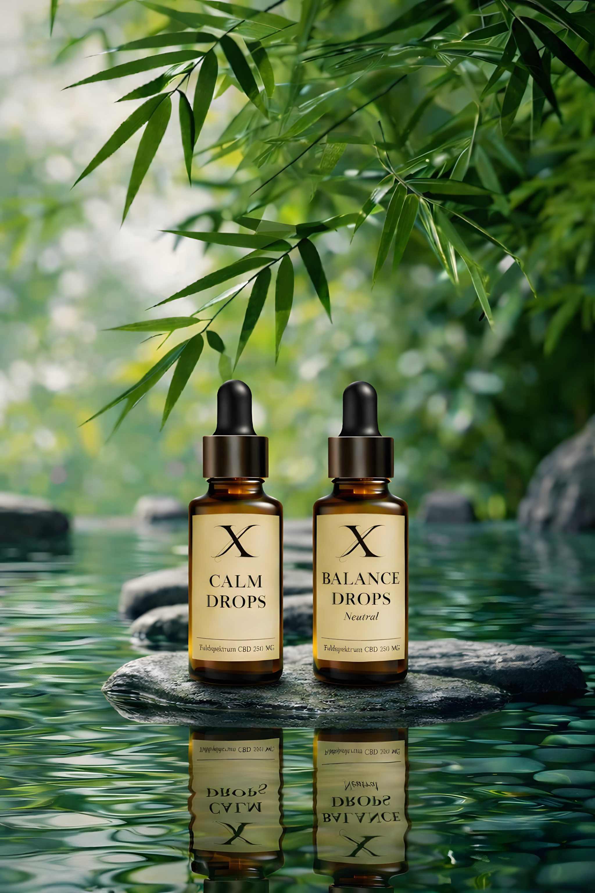 To små brune glasflasker med pipette-alkoholder, mærket 'Calm Drops' og 'Balance Drops', placeret på store flade sten i en naturlig dam med grønne blade og reflektion i vandet.