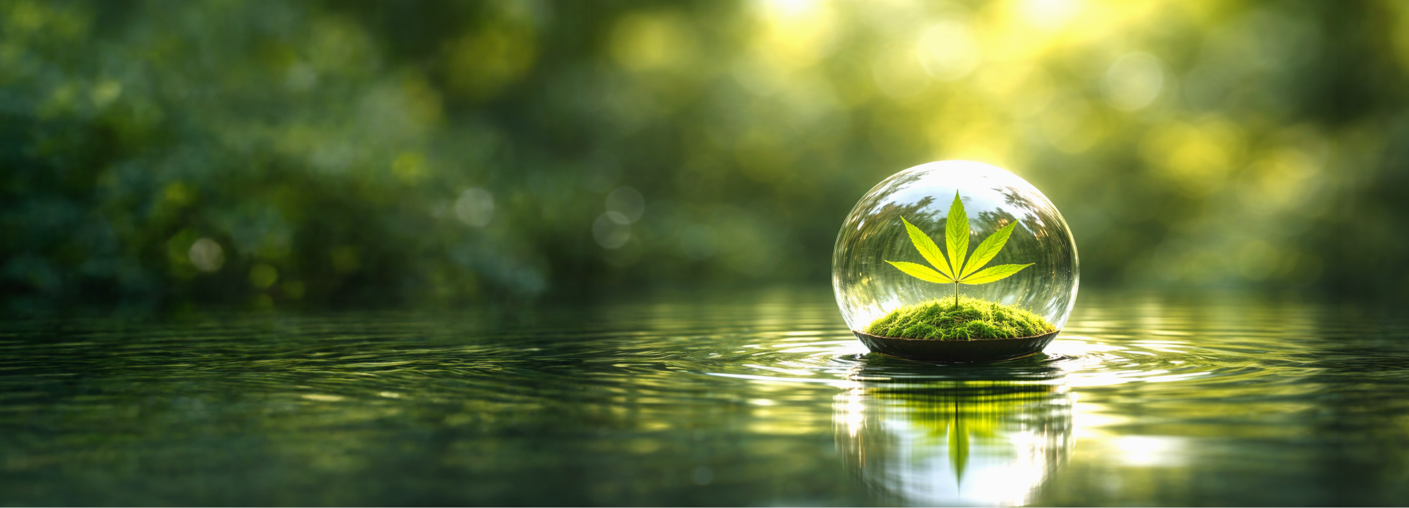 En grøn plante inde i en tydelig, glasskål med vand, placeret på en vandoverflade i en skov med blødt, grønt lys.