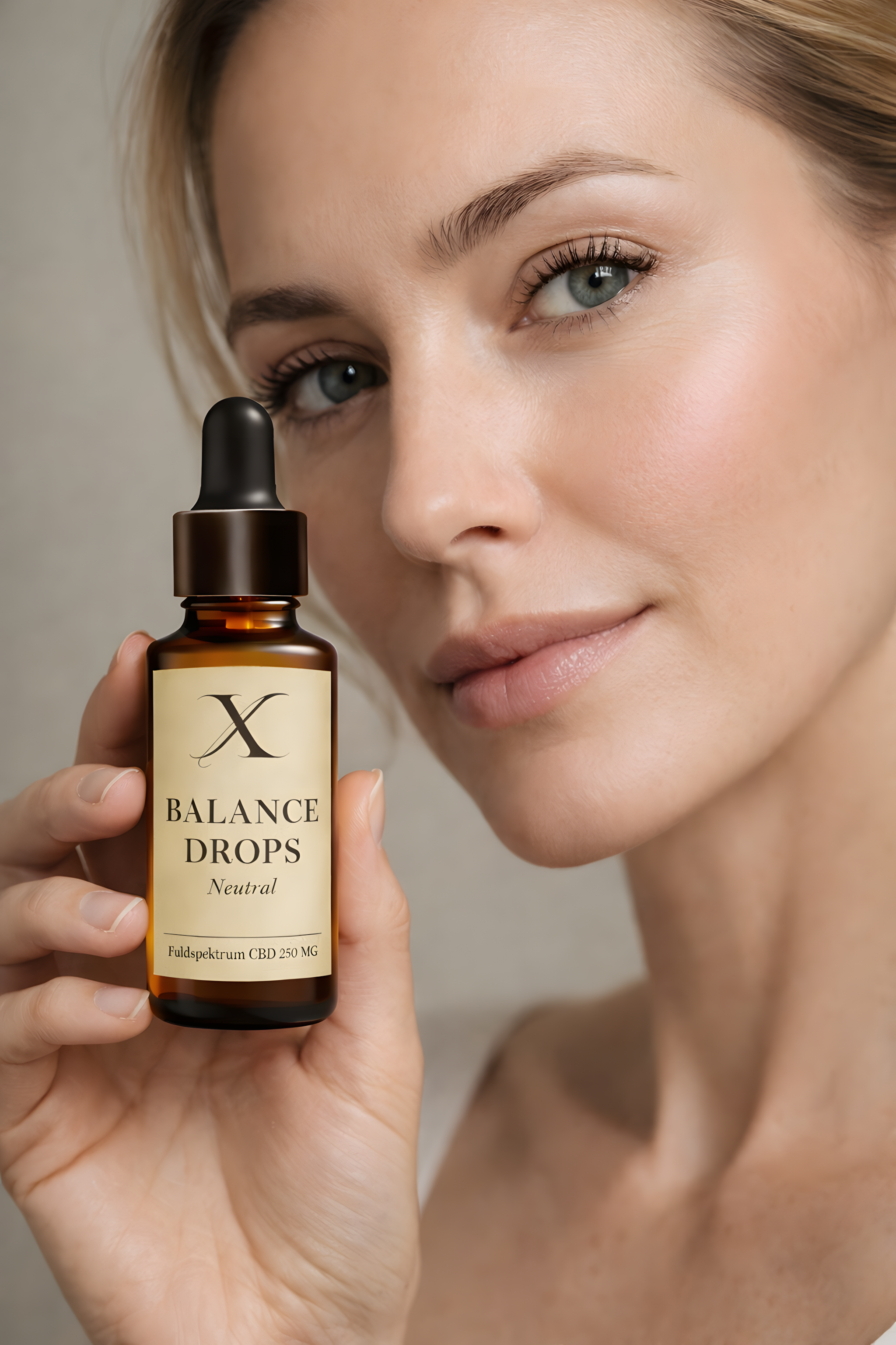 En kvinde med blond hår, der smiler subtilt, holder en brunt glasflaske med etiketten 'Balance Drops, Neutral, Fuldspektarum CBD 250 MG' nær ansigtet.