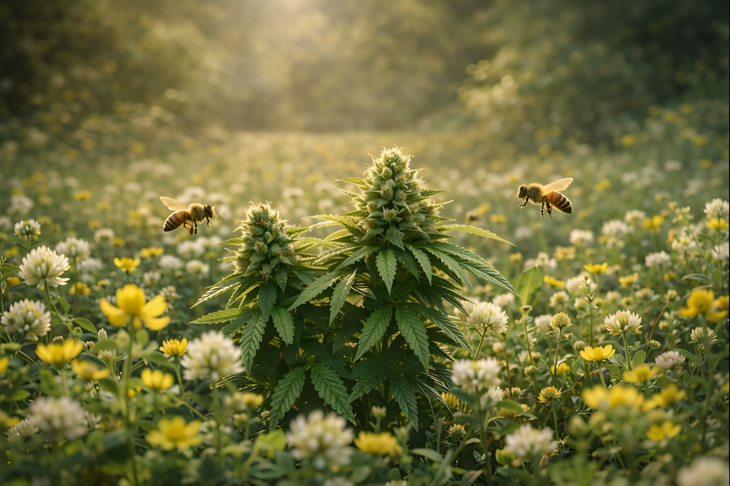 Billede af en cannabisplante med bier flyvende omkring, sat i en blomstereng med hvide og gule blomster.