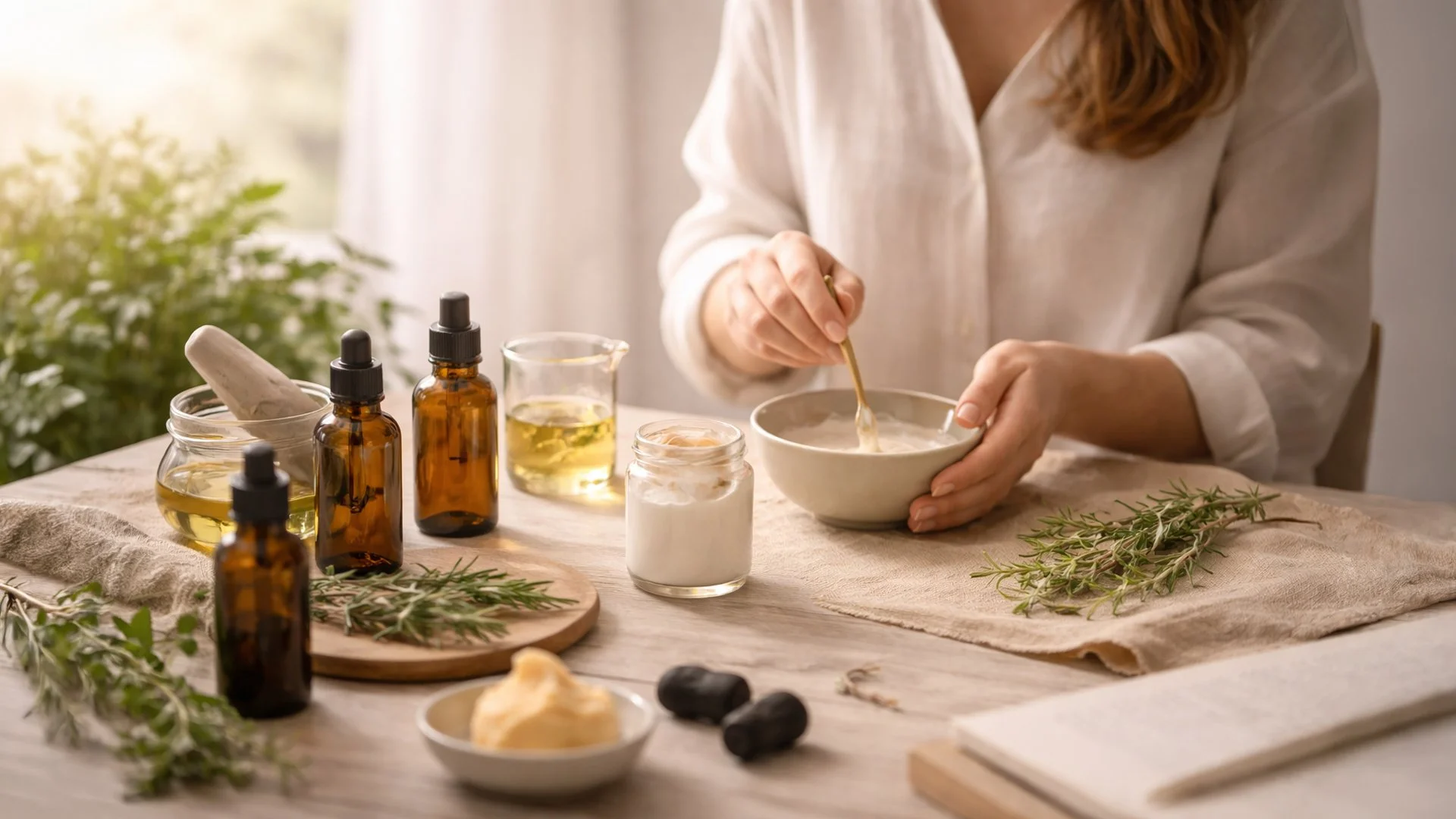 En person, iført en hvid skjorte, rører i en skål med en ske. Der er flere æteriske olieflasker, en morter, frisk timian og lavendel samt andre ingredienser på bordet, som ser ud til at være til naturmedicin eller skønhedsopskrifter.