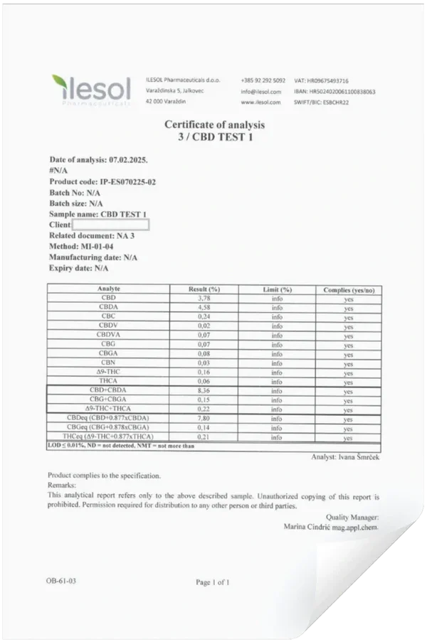 Certifikat for analyse af CBD-produkter med resultater for forskellige cannabinoider og deres procentværdier.