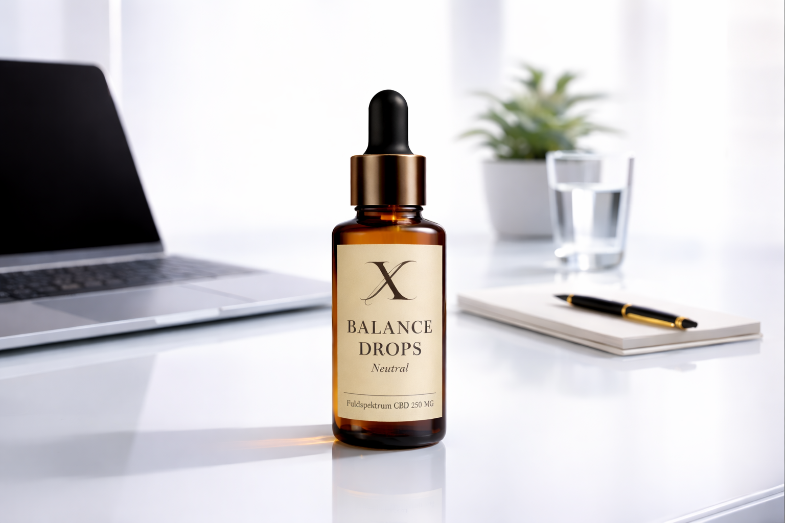 En brunt glasflaske med dråbeapplikator mærket 'Balance Drops' står på en hvid skrivebord, omgivet af en laptop, en notesbog med pen, en glas vand og en plante.