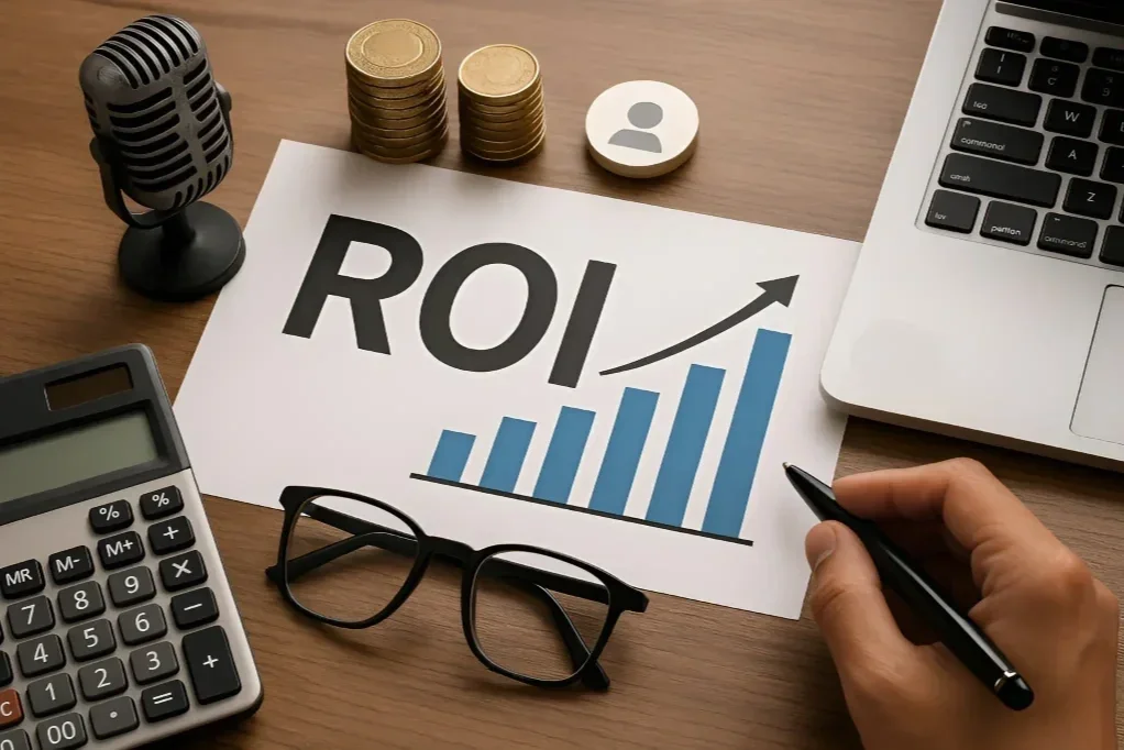 Desk with a paper showing ROI with a rising graph, a calculator, glasses, a laptop, coins, a microhphone, and a hand holding a pen.