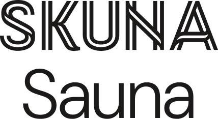 The word 'SKUNA' in large black capital letters at the top, and 'Sauna' in smaller black letters below, both on a white background.