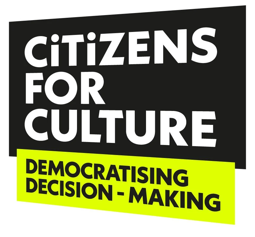 Logo of Citizens for Culture with bold white text on black background and yellow text on a yellow background block reading 'Democratising Decision-Making'.