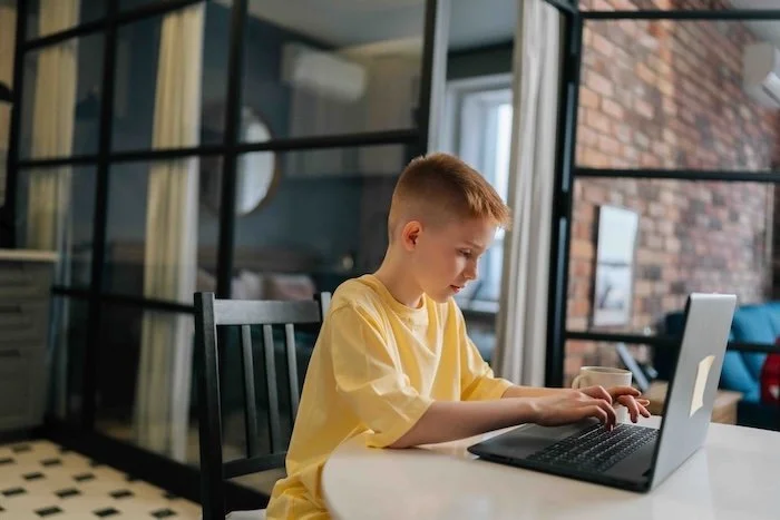 Primary school boy doing an online tutoring lesson at home, typing on a laptop