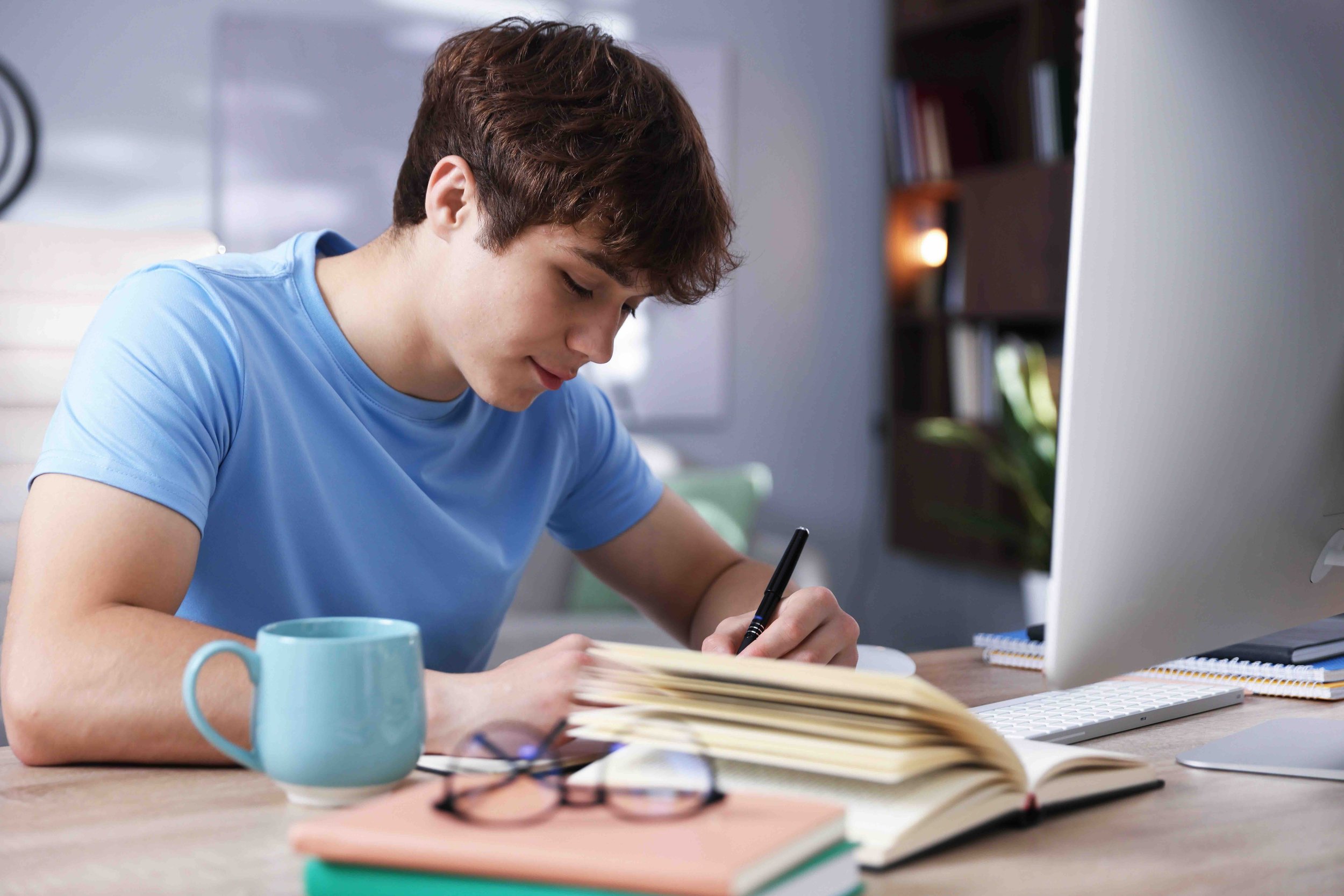 Secondary school boy doing an online tutoring lesson