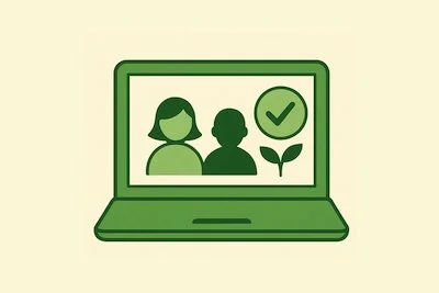 Illustration of a laptop with two people and a checkmark, representing online tutoring