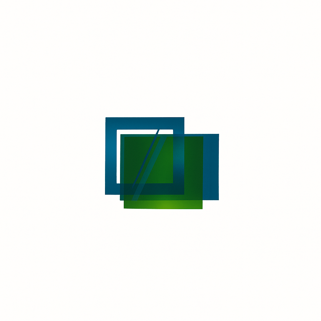 Overlapping squares in green and blue colors arranged in a centered pattern.