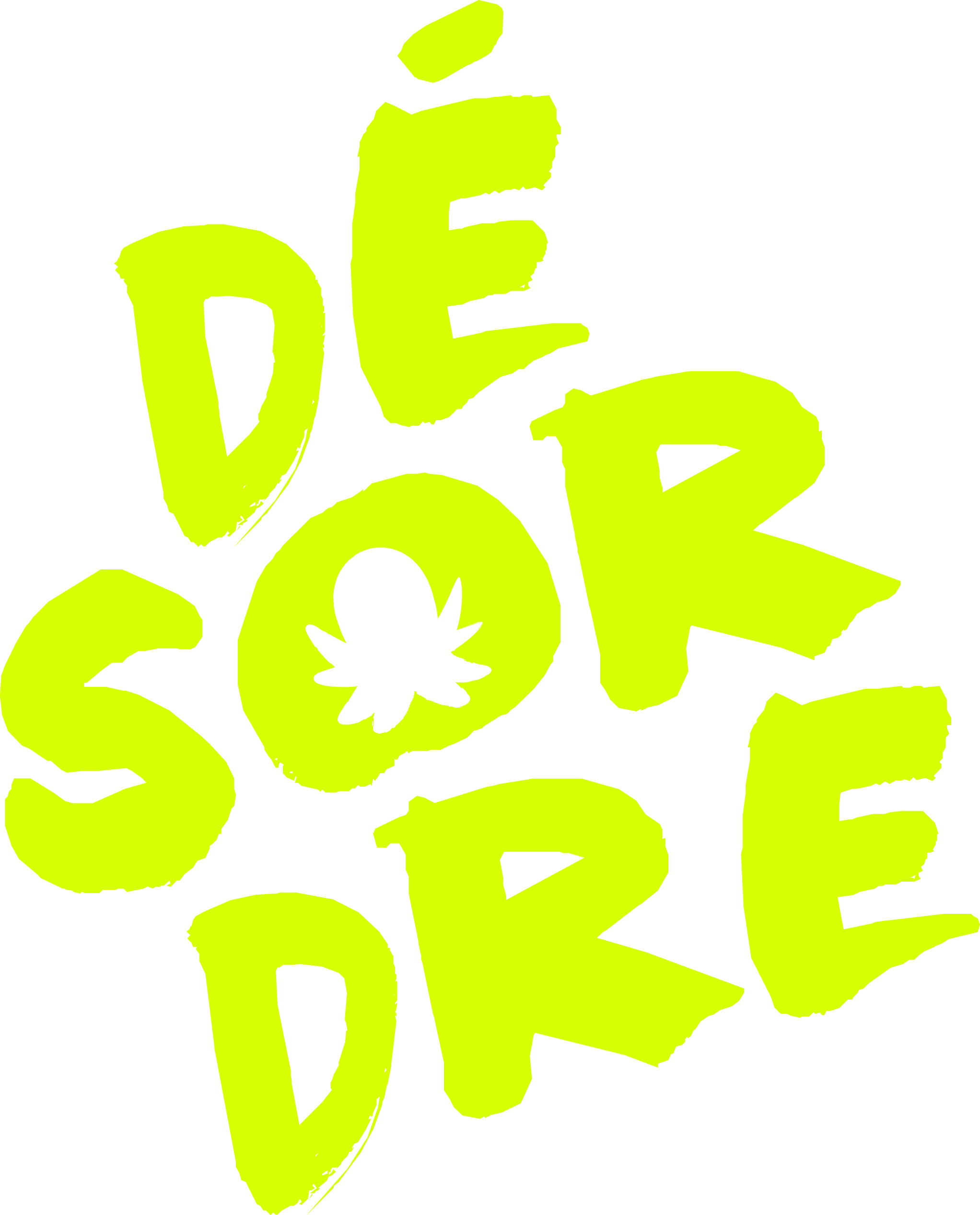 Texte vert fluo disant 'De For Sir E' avec un symbole de feuille au centre sur fond noir.