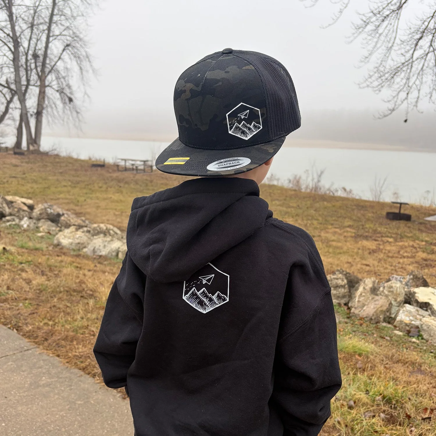 Black Camo Hat | Flat Bill Trucker Hat | Simple Logo