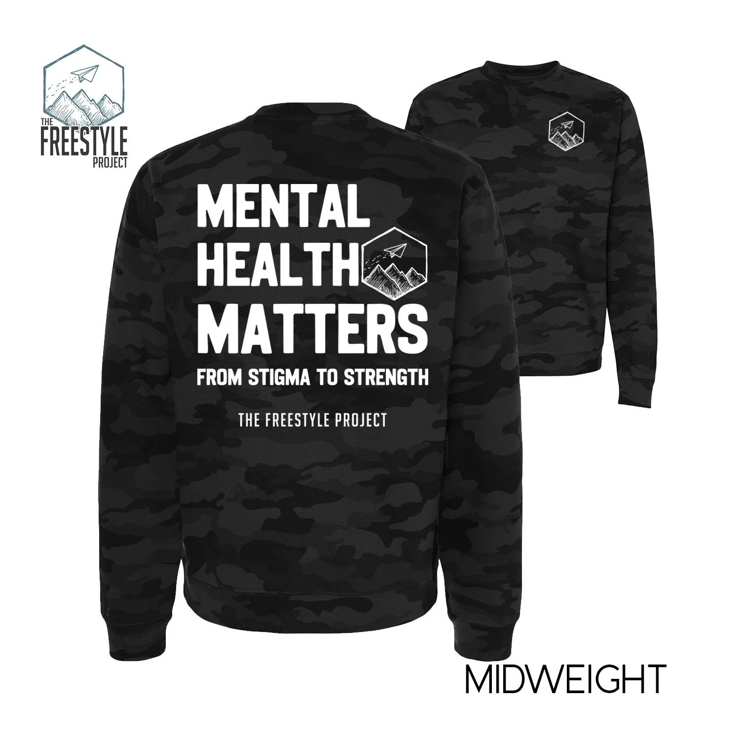 From Stigma to Strength - Mental Health Matters | Camo Crew Sweatshirt | Midweight