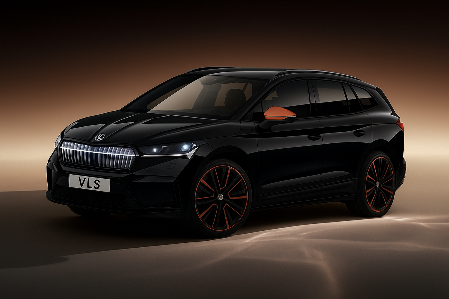 Voiture noire de type SUV avec des détails orange, stationnée dans un environnement sombre avec un éclairage doux.