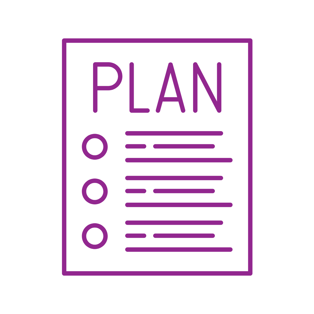 Outline of a planning document with the word 'PLAN' at the top in purple, featuring bullet points and lines indicating text.