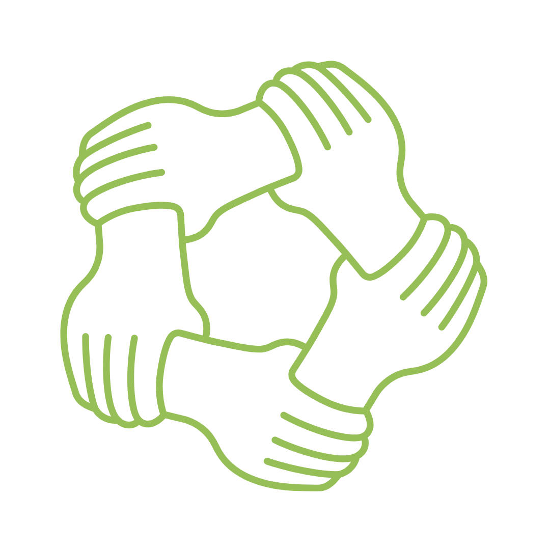 Outline graphic of four hands intertwined in a square formation.