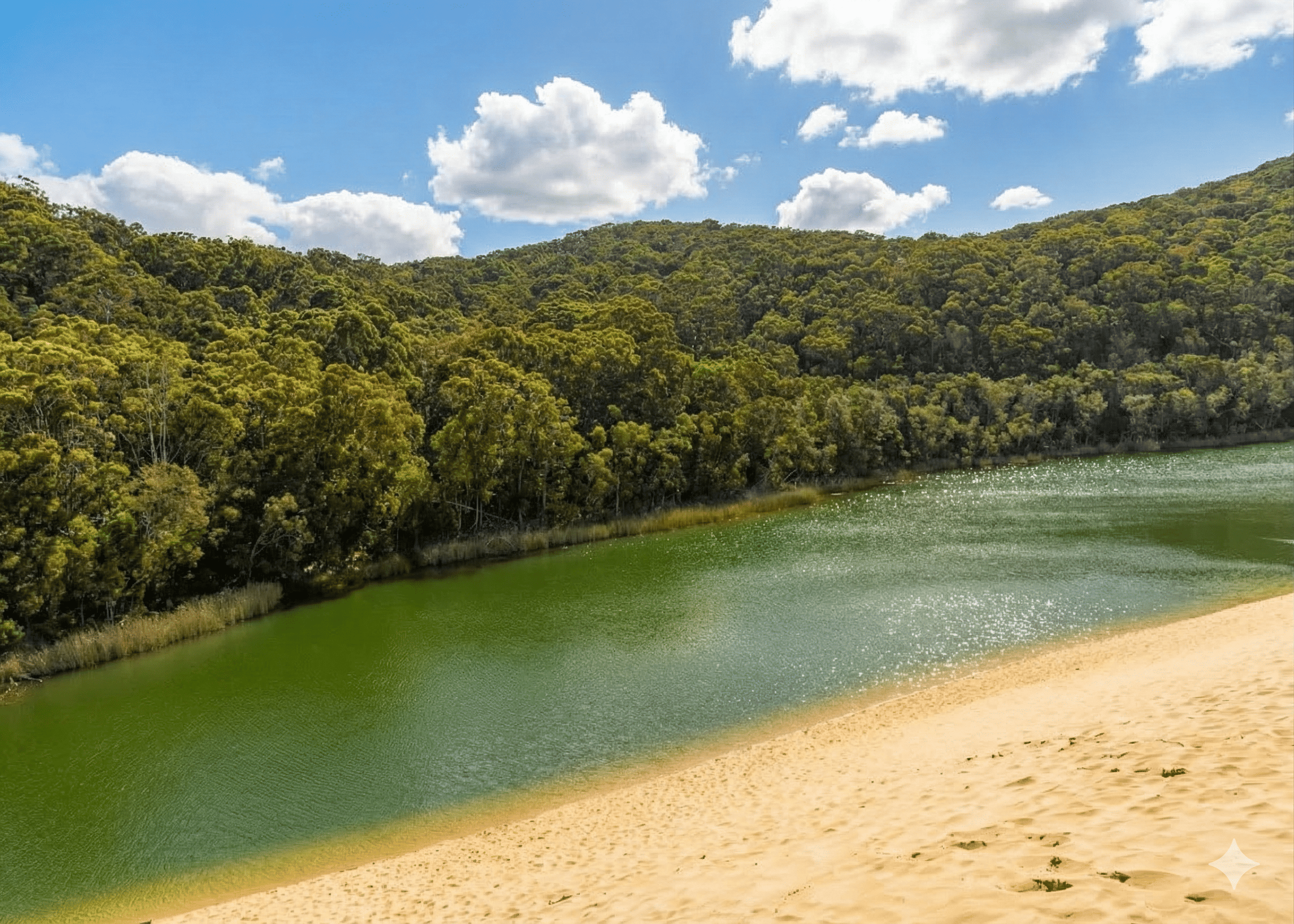 Lake wabby op k'gari of fraser island op een zonnige dag. Een meer omringt door duinen en een regenwoud