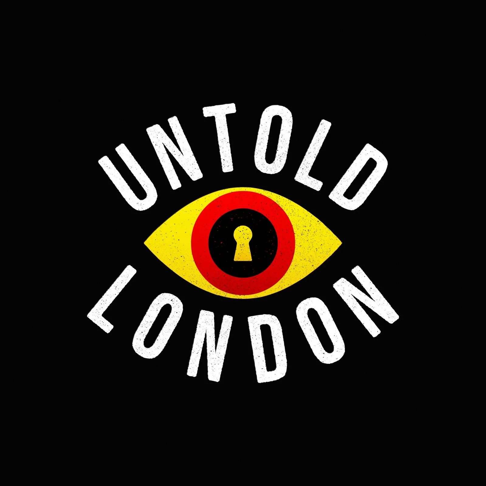 A black background with a yellow eye-shaped graphic featuring a red circle with a black border and a keyhole in the center. Above and below the eye, the words 'UNTOLD' and 'LONDON' are written in white, arranged in a circular pattern.