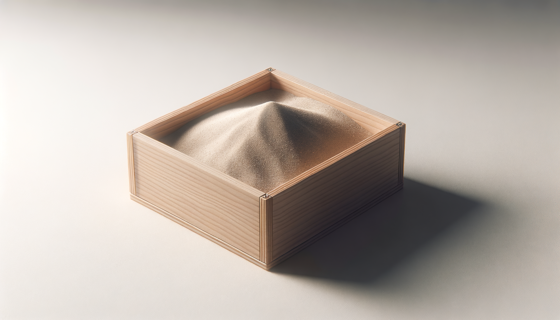 A wooden box containing a pile of fine, golden sand, casting a shadow on a neutral background.