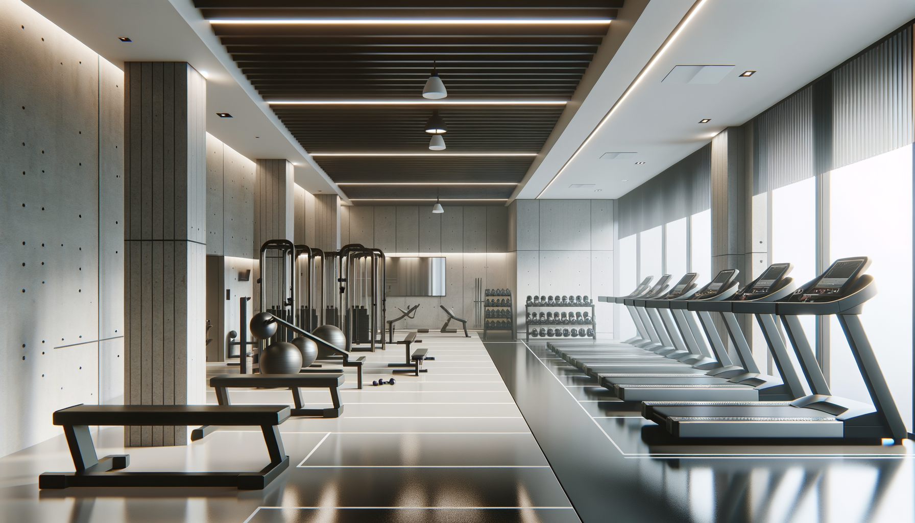 Modern gym with treadmills lined along large windows, free weights on racks, exercise balls, benches, and workout equipment in a spacious, well-lit room.