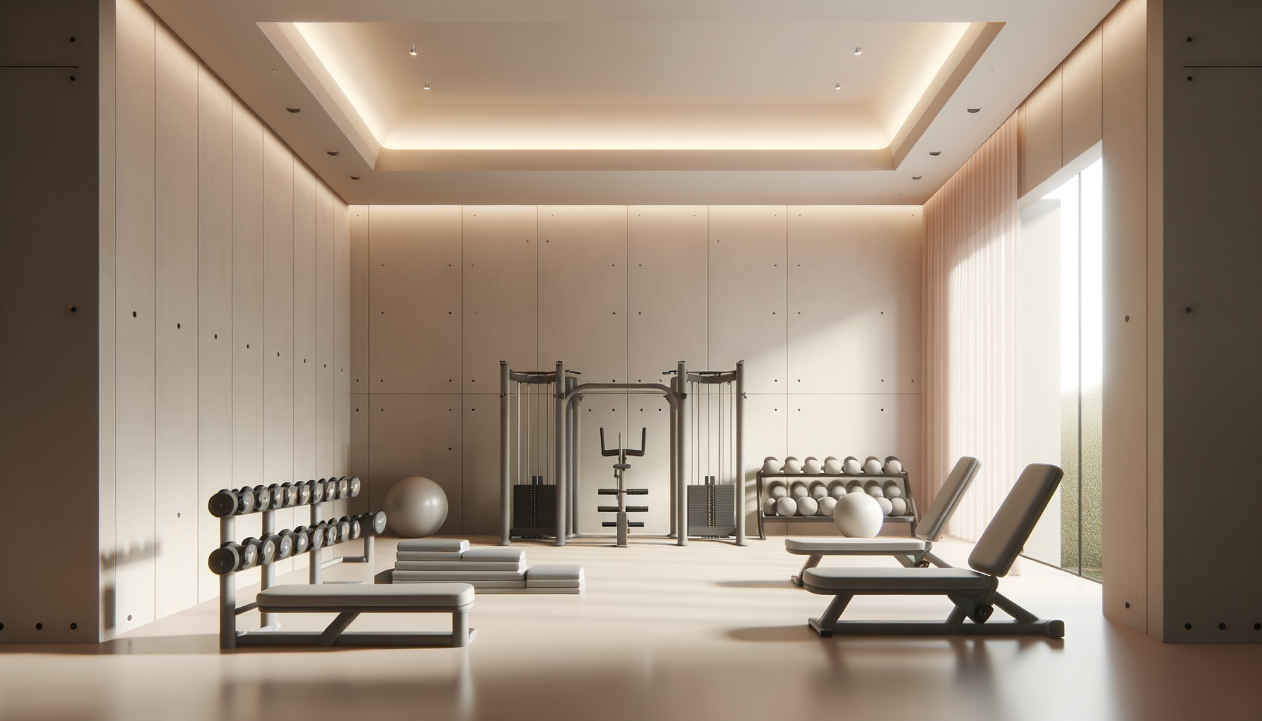 Minimalist gym room with light wood walls, large window, and exercise equipment including dumbbells, exercise bikes, stability balls, and adjustable benches.