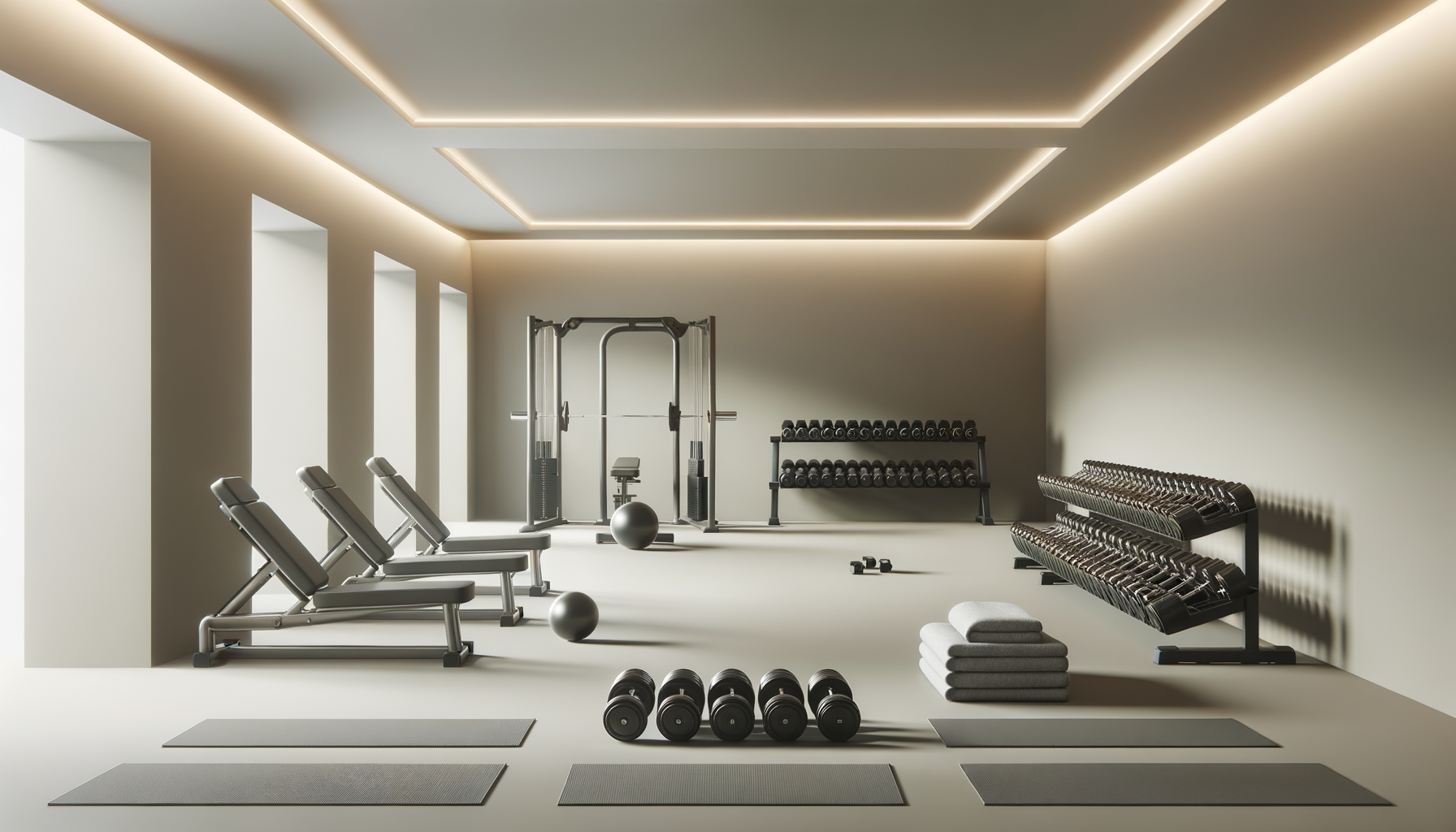 A modern gym room with workout equipment including adjustable benches, dumbbells, medicine balls, yoga mats, and shelves with weights, all in a well-lit, minimalistic space.