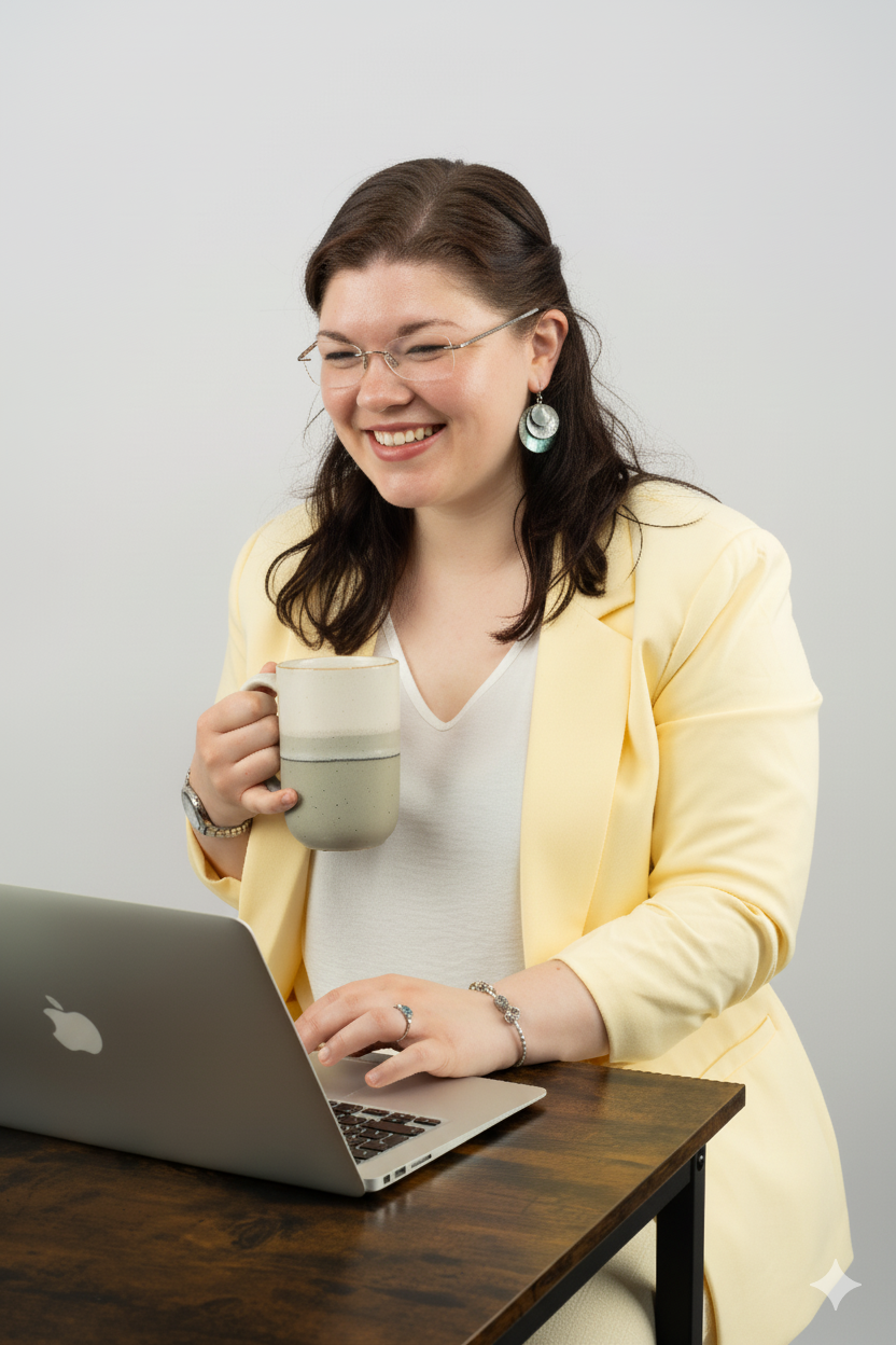 Eine Beraterin für Künstler bei der Arbeit am Laptop. Das herzliche Lachen und die entspannte Haltung mit der Tasse unterstreichen eine nahbare und moderne Experten-Persönlichkeit im digitalen Raum.