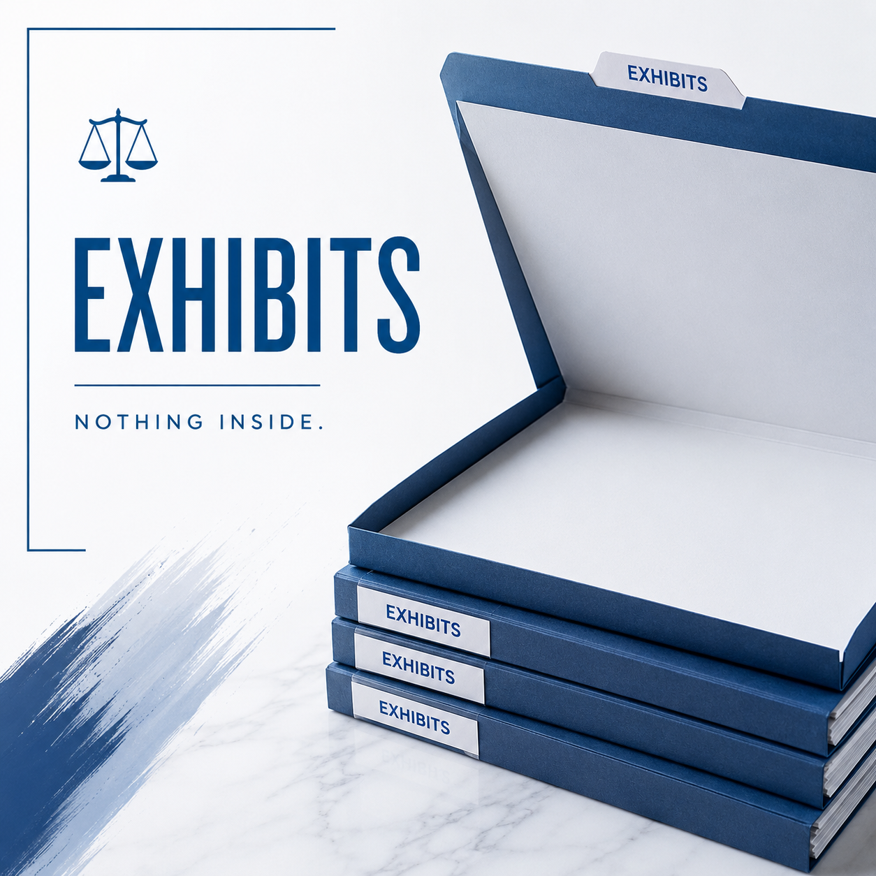 Blue and white exhibits folder graphic reading Exhibits nothing inside, used as a tongue-in-cheek court records visual.