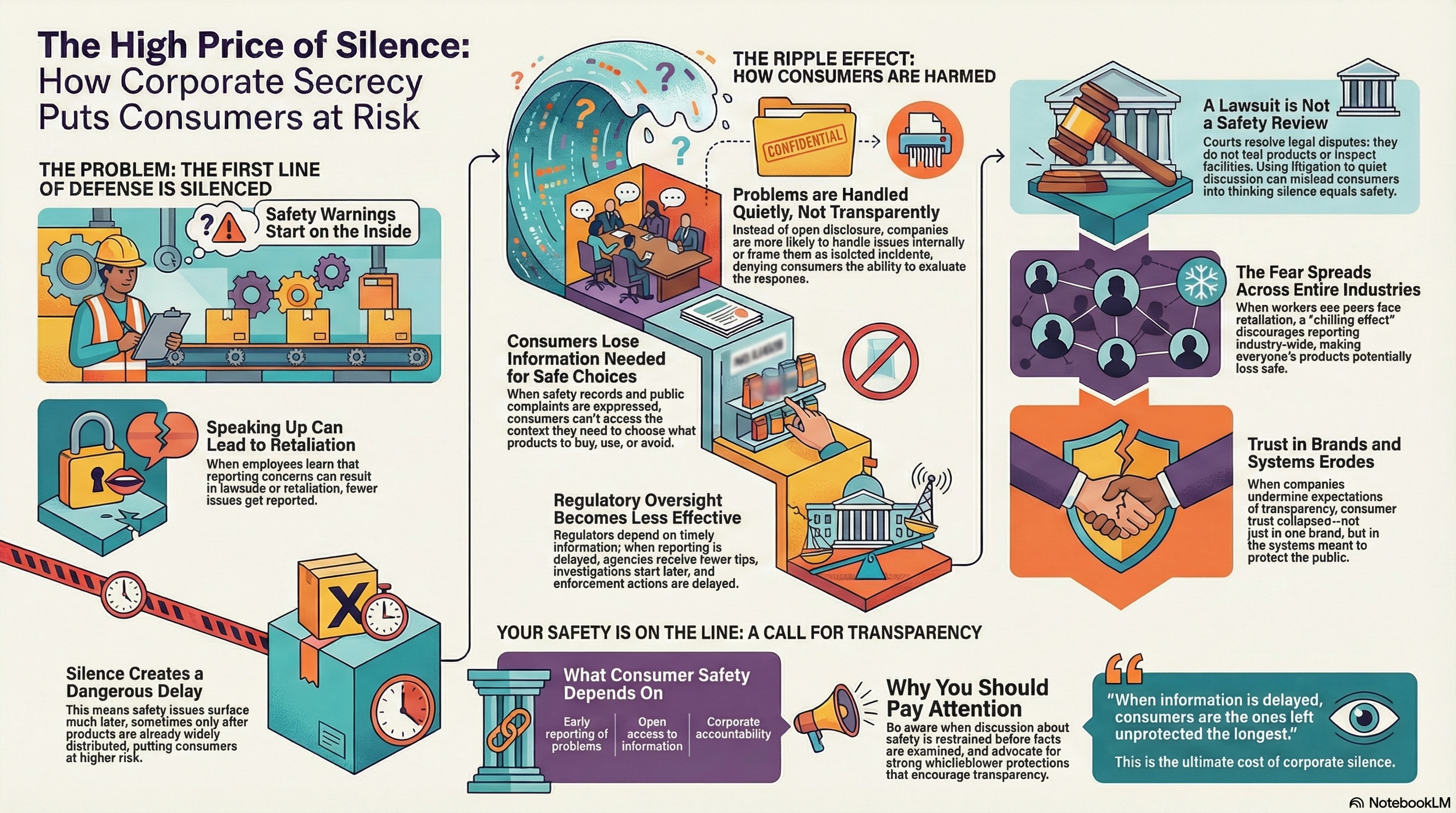 Infographic titled 'The High Price of Silence: How Corporate Secrecy Puts Consumers at Risk.' It illustrates how internal safety warnings, lack of transparency, and regulatory delays harm consumers, with icons showing safety warnings, legal disputes, the ripple effect across industries, erosion of trust, and the importance of transparency for consumer safety.