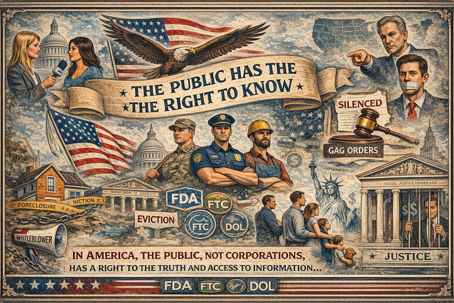 A detailed illustration emphasizing the right of the American public to access information. Features include journalists interviewing, political figures, the Statue of Liberty, American flags, government buildings, an eagle, a courthouse gavel labeled 'Silenced' and 'Gag Orders,' riot police, foreclosure signs, the Statue of Justice, a whistleblower can, and groups of citizens. Text reads 'The public has the right to know,' 'In America, the public, not corporations, has a right to the truth and access to information,' and logos of FDA, FTC, and other agencies.