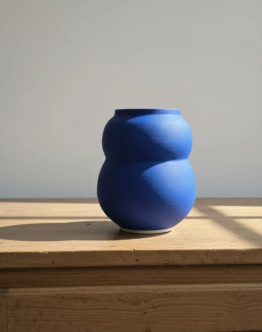 A blue, double-gourd shaped ceramic vase sitting on a wooden surface with shadows cast by sunlight.