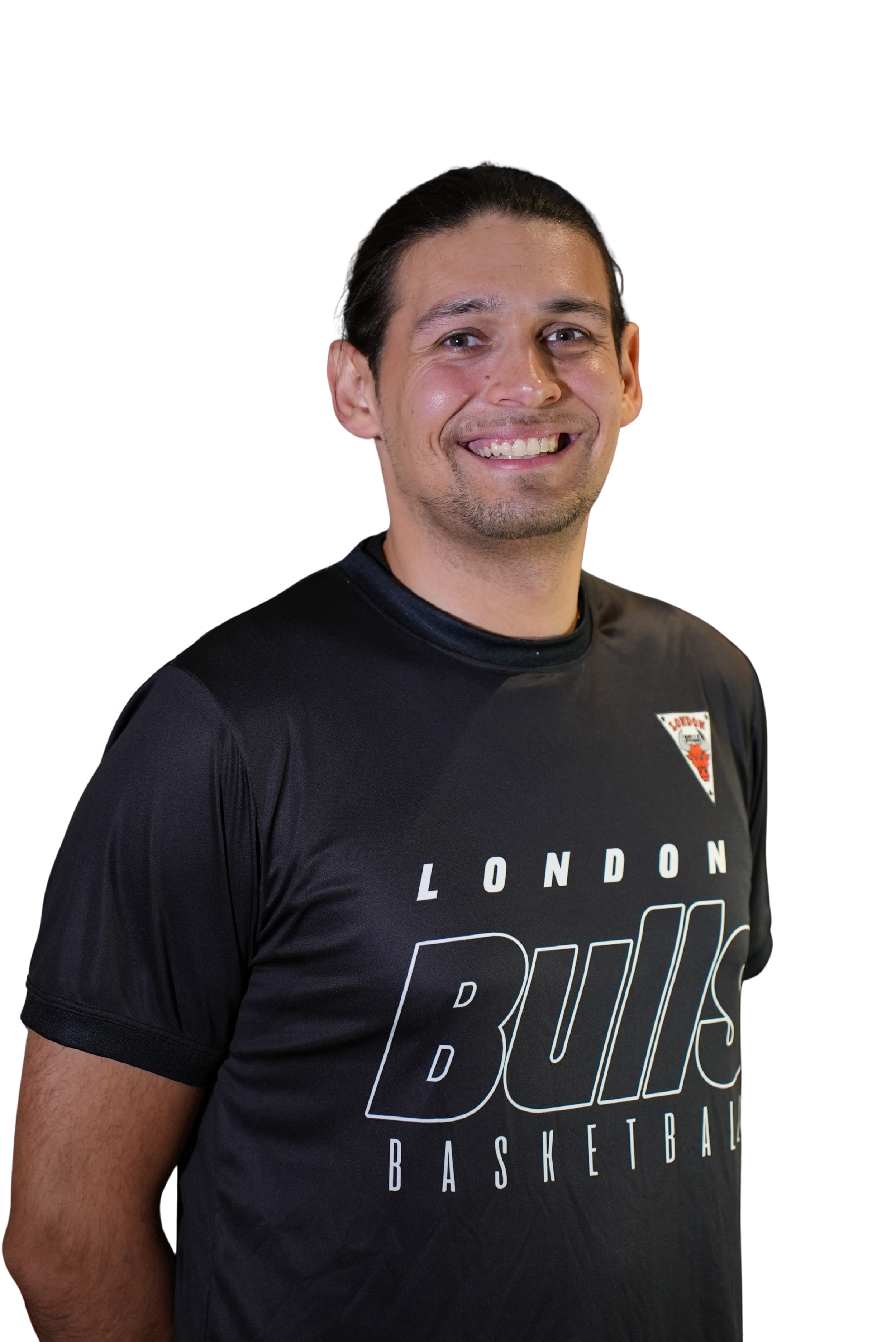 A man smiling, wearing a black basketball shirt with the words London Bulls Basketball and a small logo on the chest.