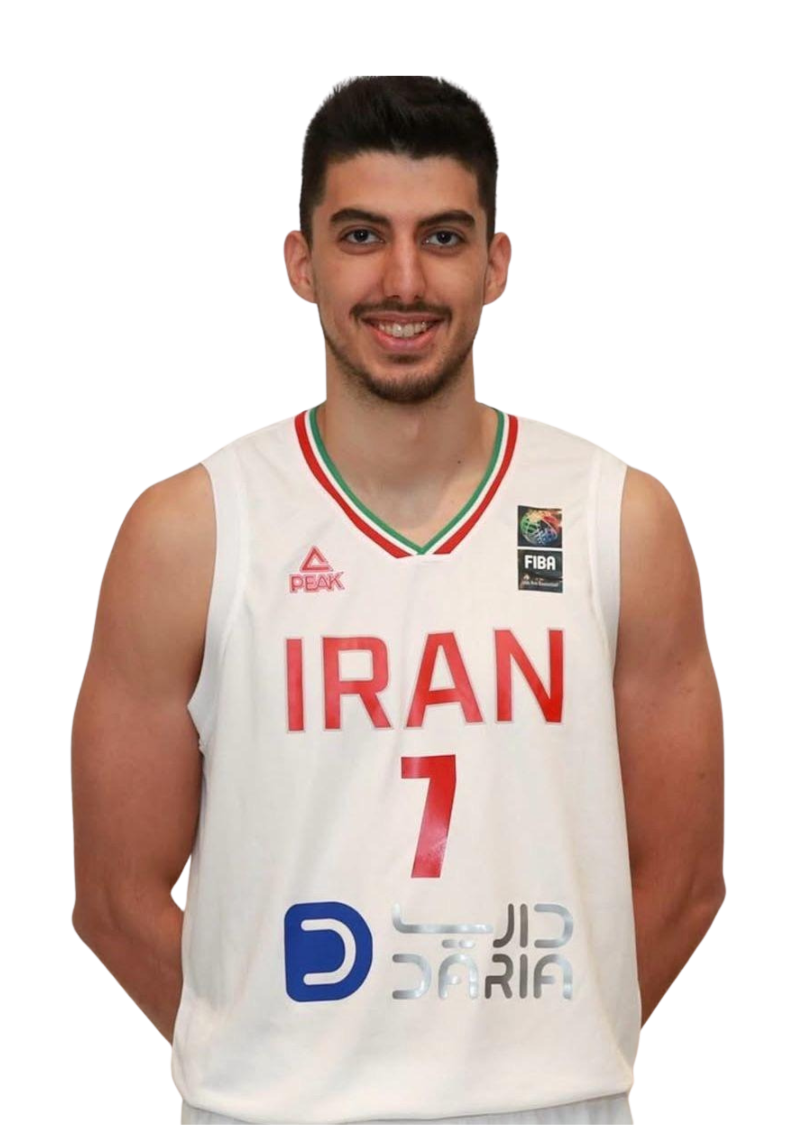 A young male basketball player from Iran wearing a white basketball jersey with the number 7 and the word IRAN on it, smiling, with a short beard and short dark hair.