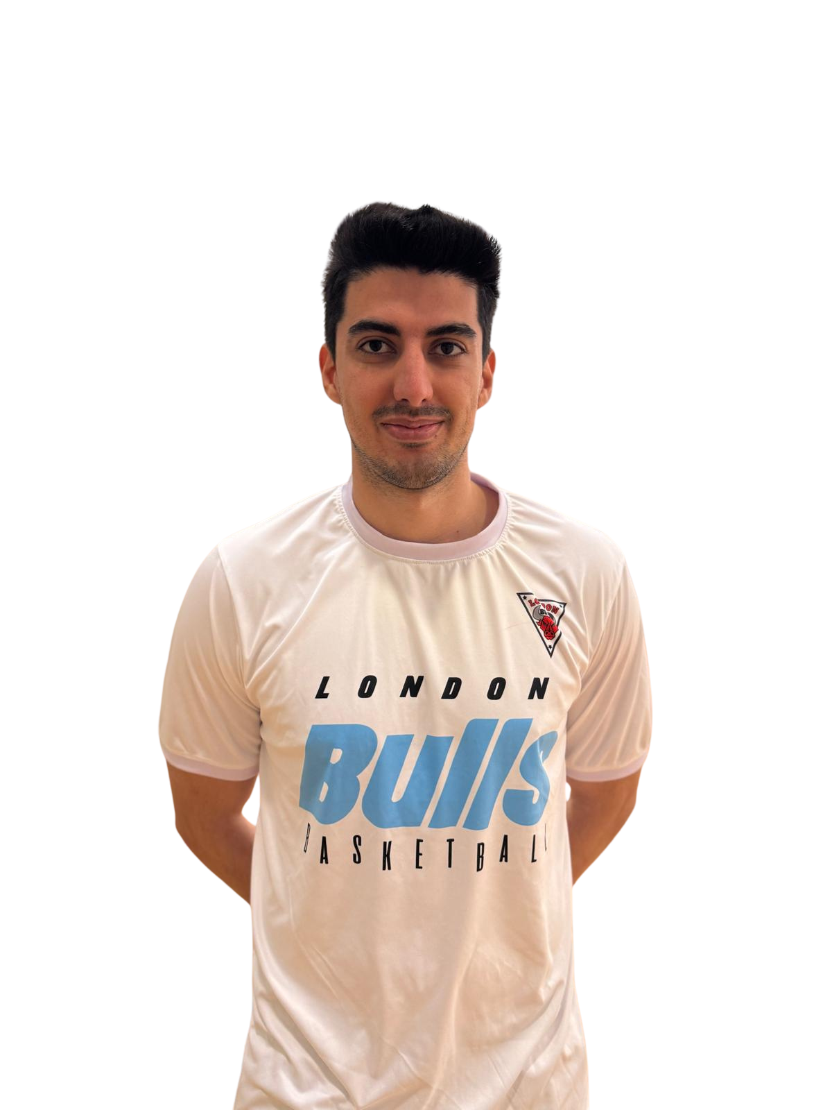 A young male basketball player from Iran wearing a white basketball jersey with the number 7 and the word IRAN on it, smiling, with a short beard and short dark hair.