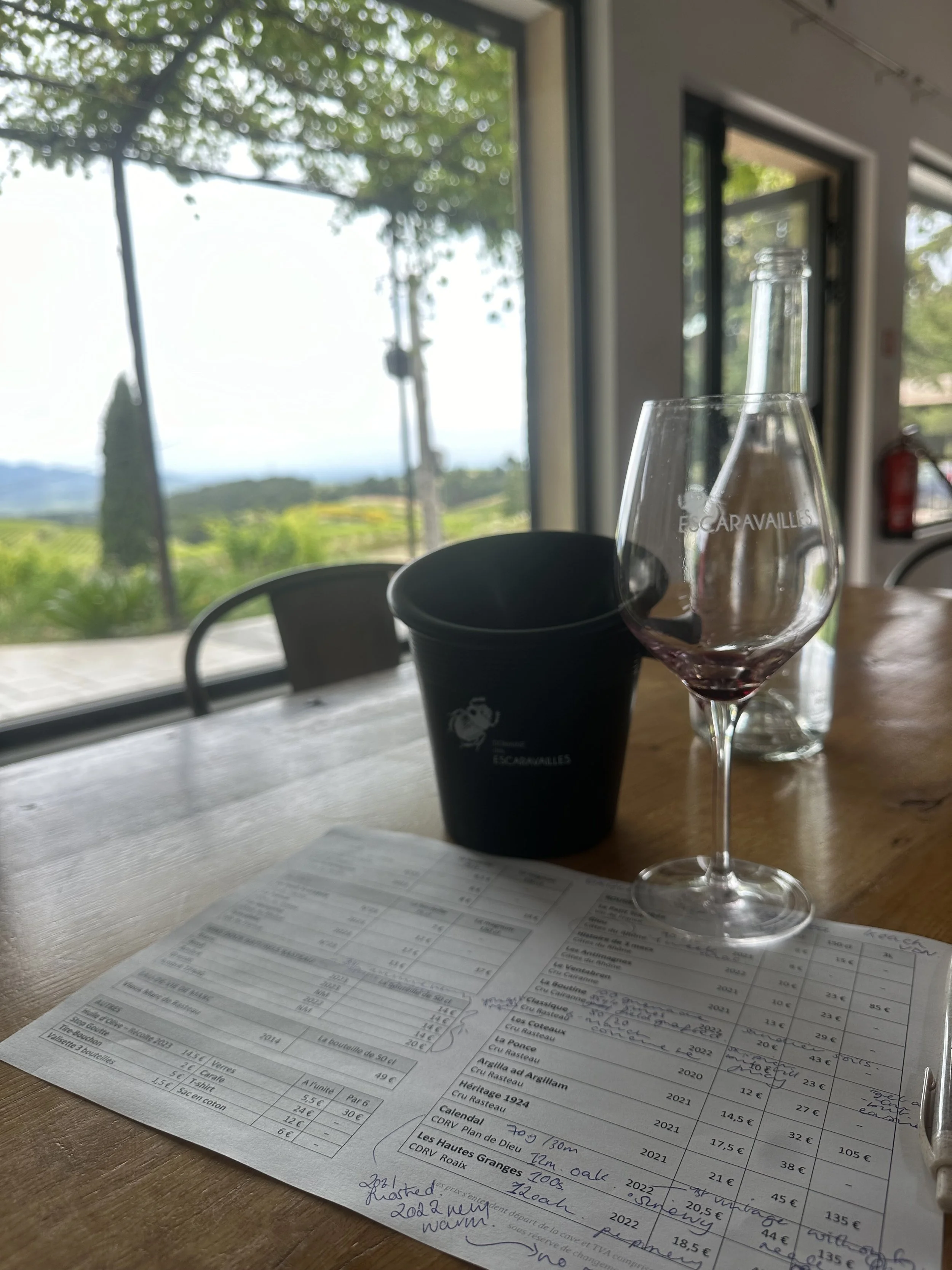 A wine glass with red wine, a black ice bucket, a water bottle, and a detailed wine tasting sheet on a wooden table inside a bright room with large windows showing green trees and blue sky outside.