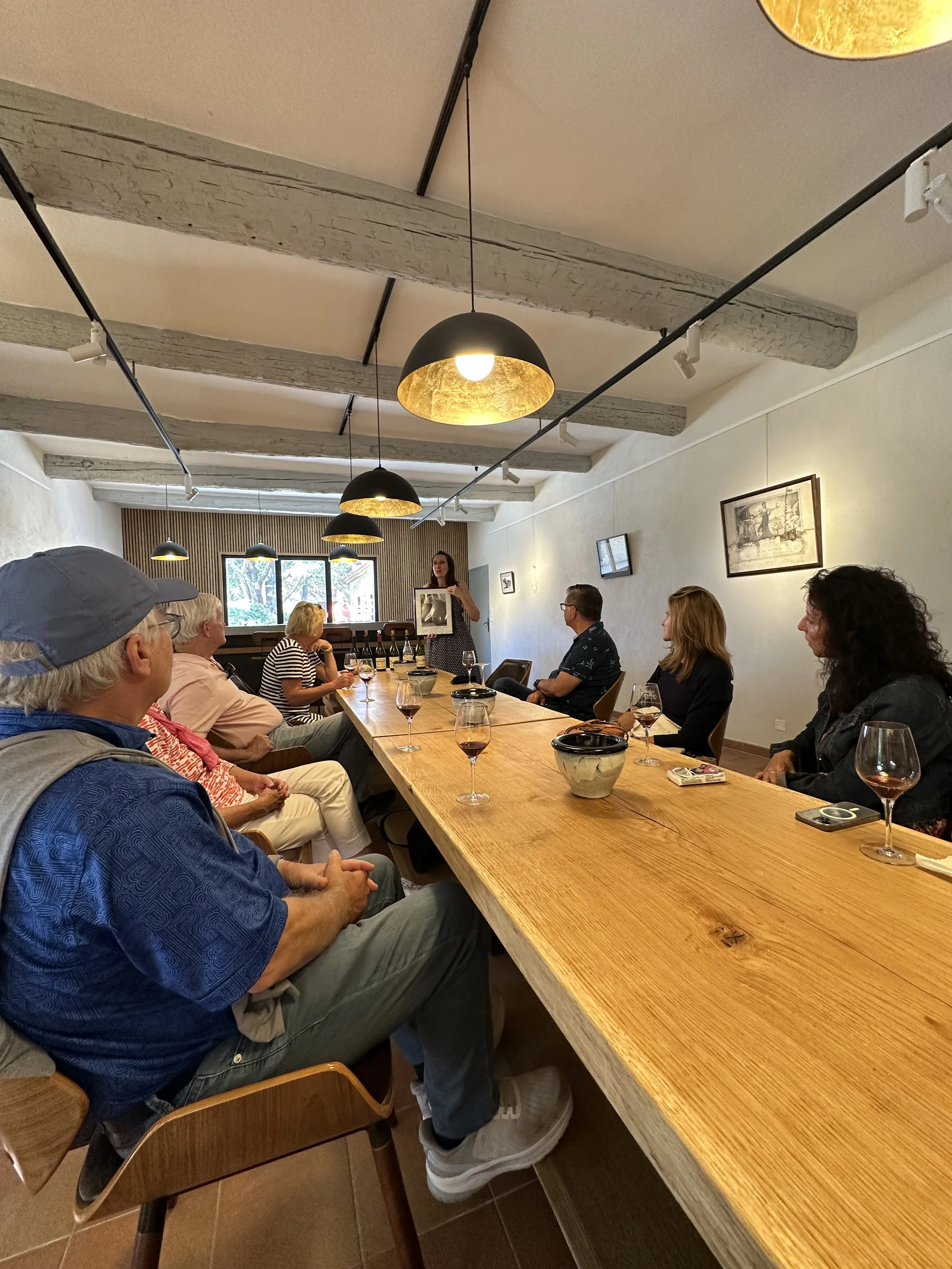A group of Americans enjoying the private tasting room of Solitude in Chateauneuf-du-Pape