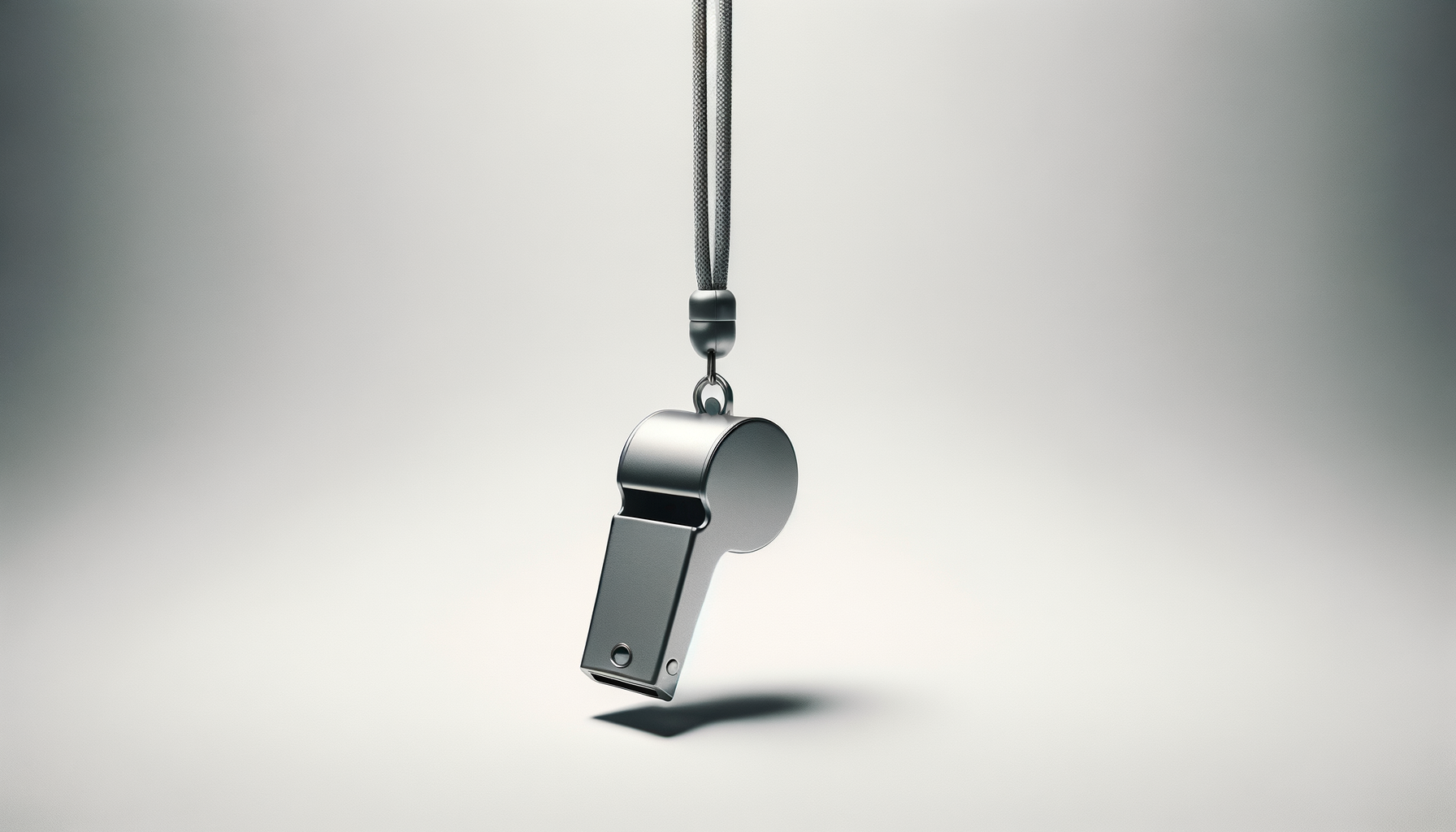 A silver whistle hanging from a black lanyard against a neutral background.