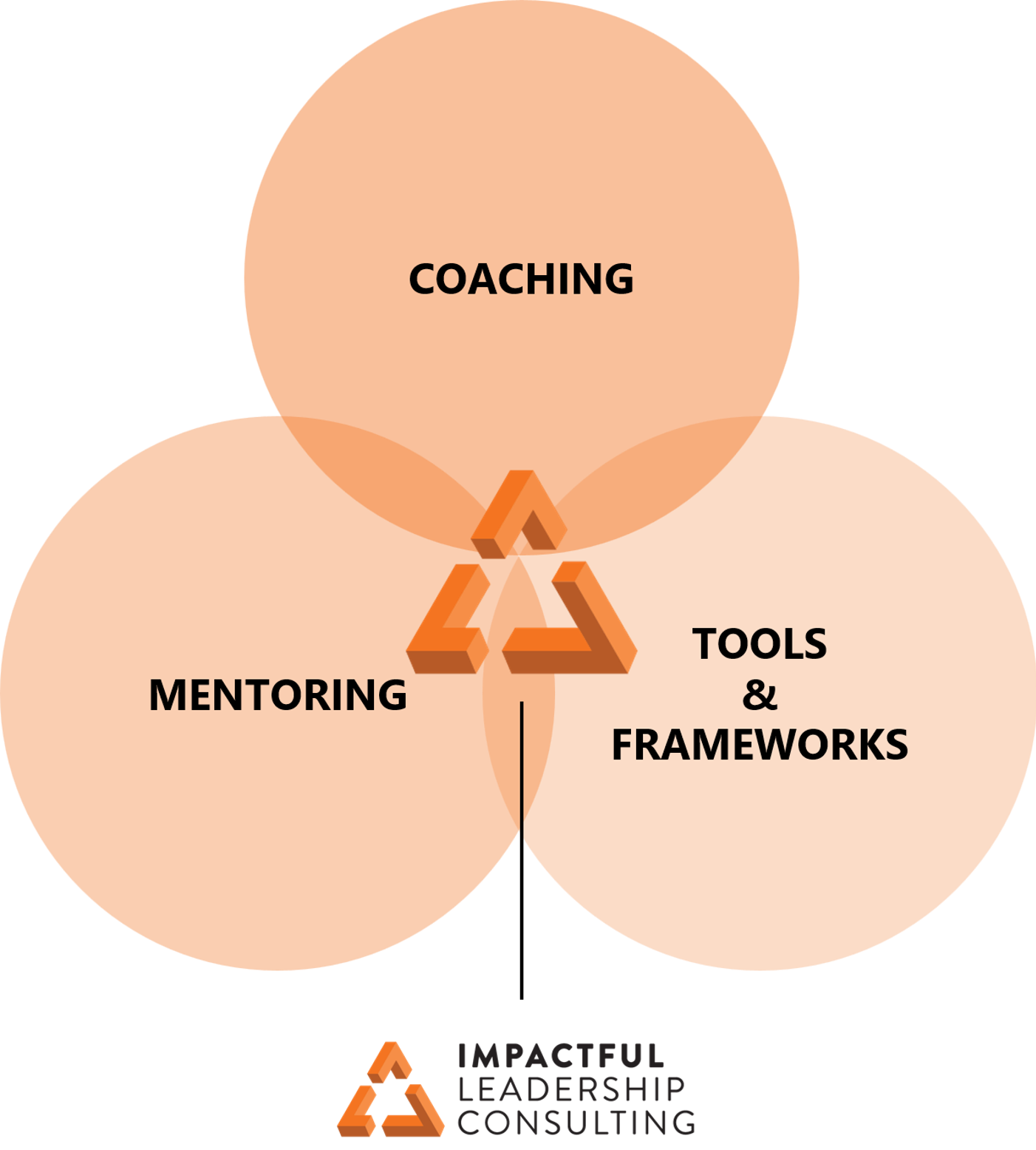 Venn diagram with three circles labeled coaching, mentoring, and tools & frameworks, overlapping at the center with a triangle icon.