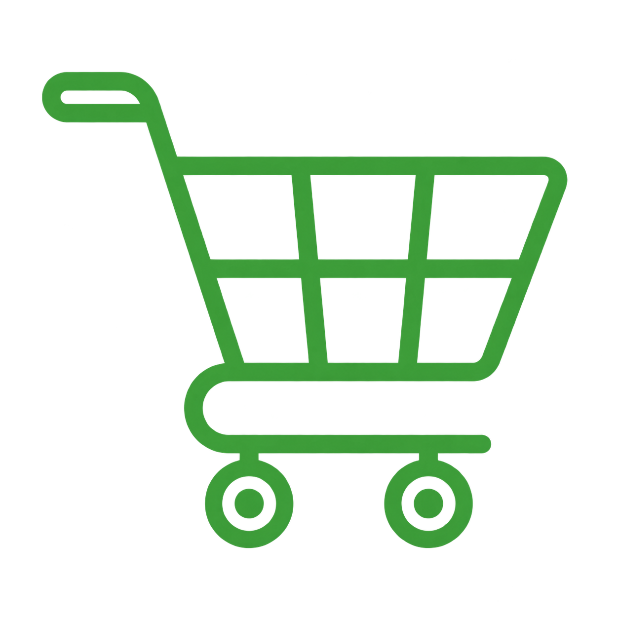 A digital illustration of a shopping cart in gray with green accents.