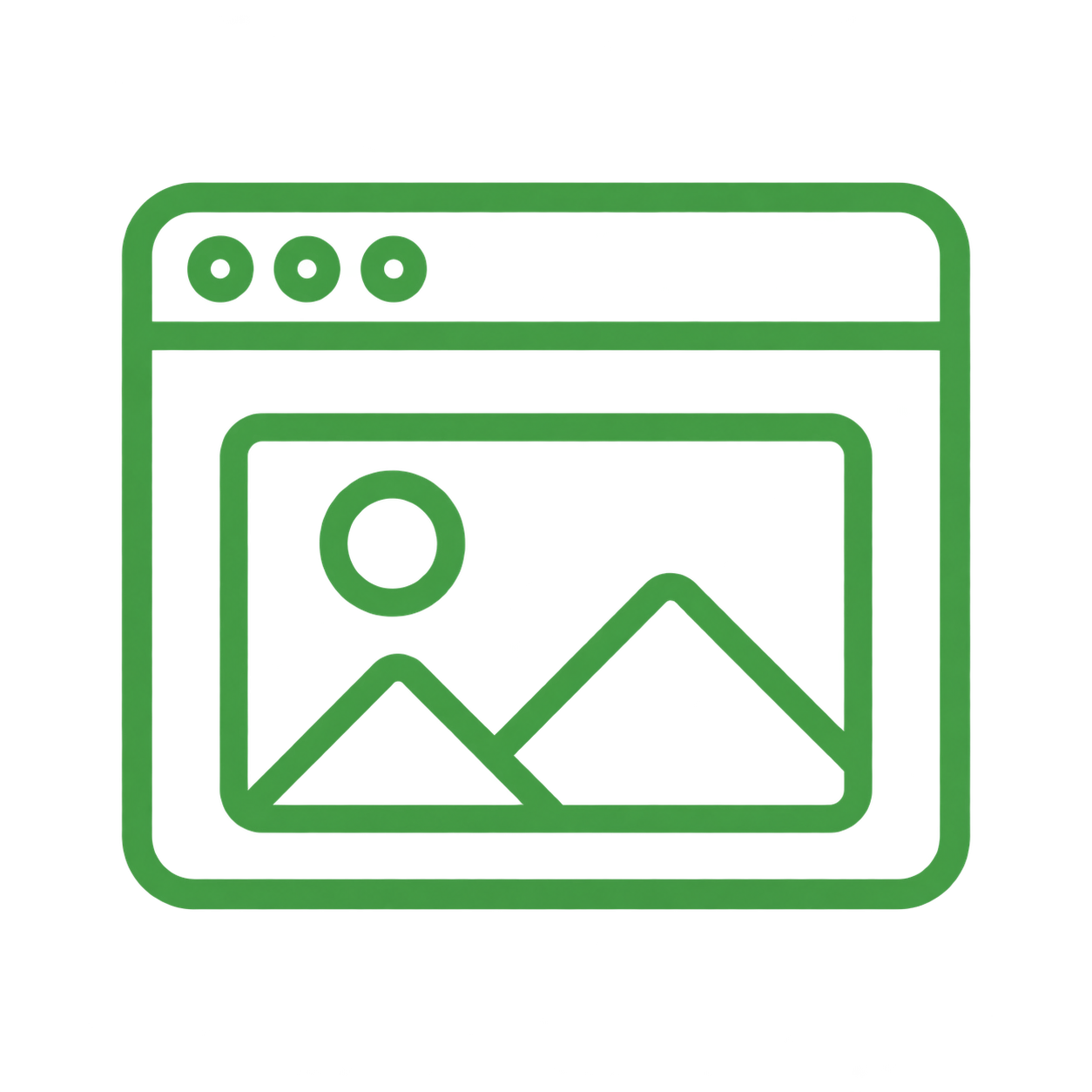 Outline of a computer window displaying an image with mountains and a sun, with a green background.